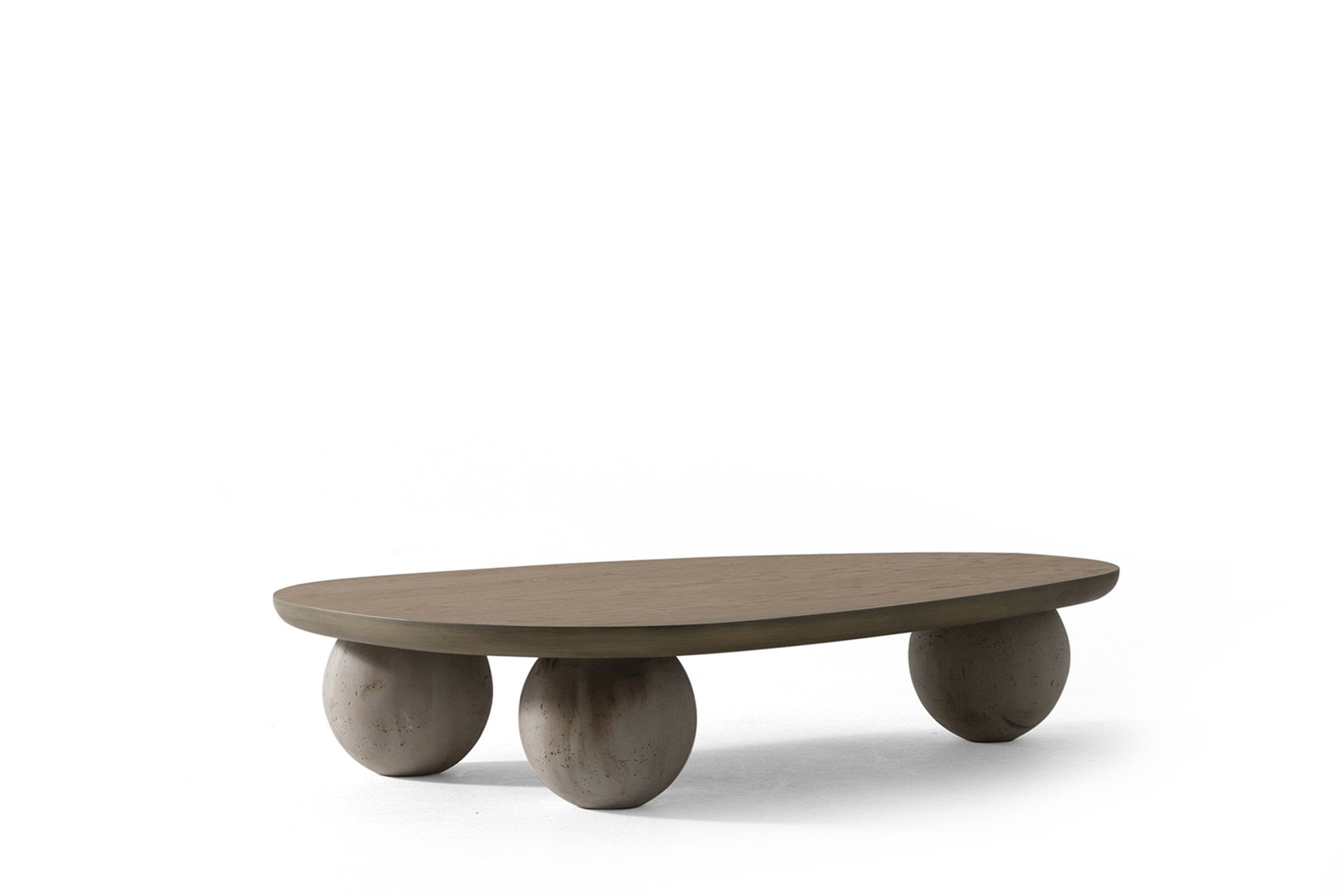Handcrafted modern coffee table with a smooth wooden surface and chunky spherical concrete legs, perfect for contemporary living room decor.