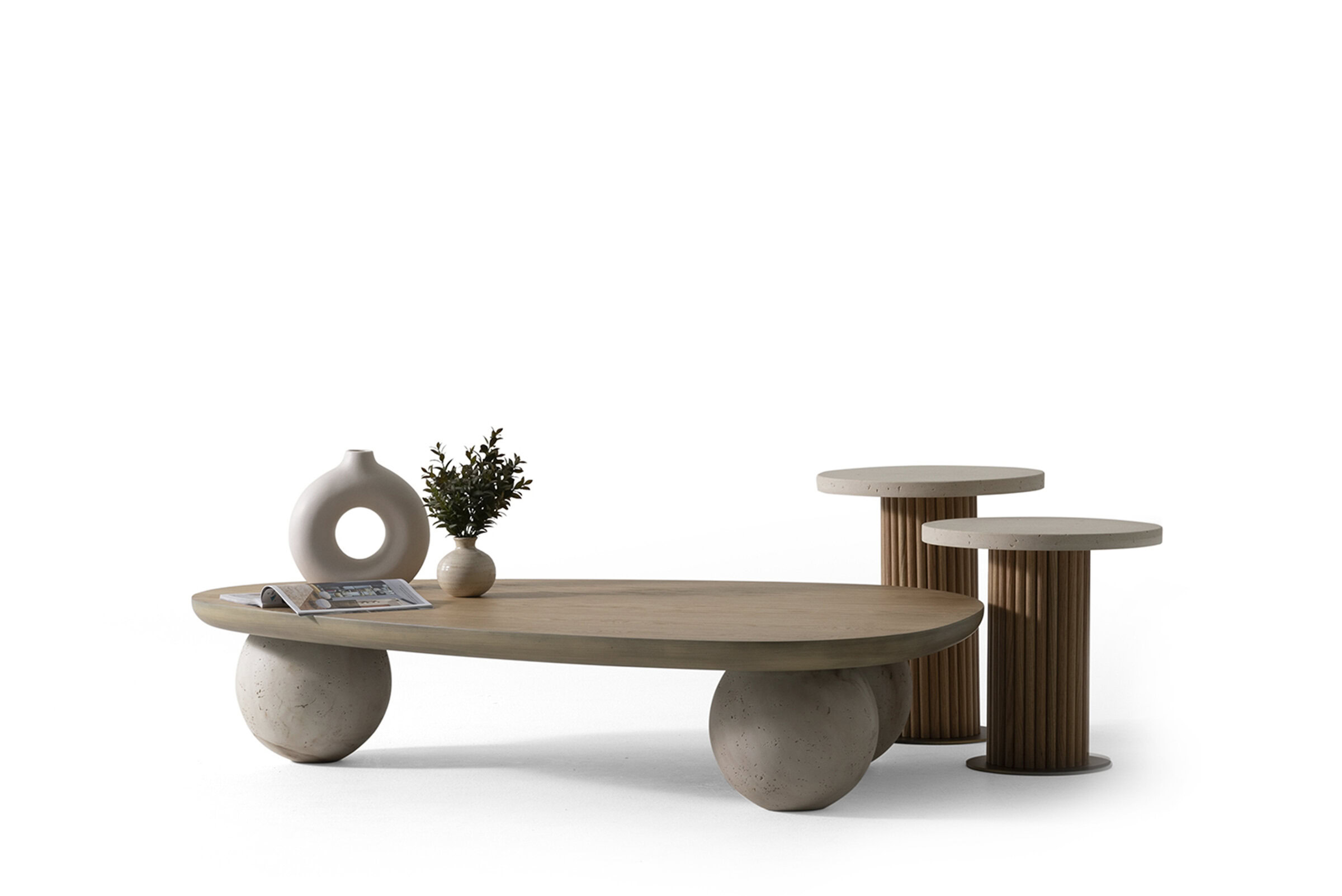 Handcrafted modern wooden coffee table with unique spherical base and minimalist design, ideal for contemporary living room decor.