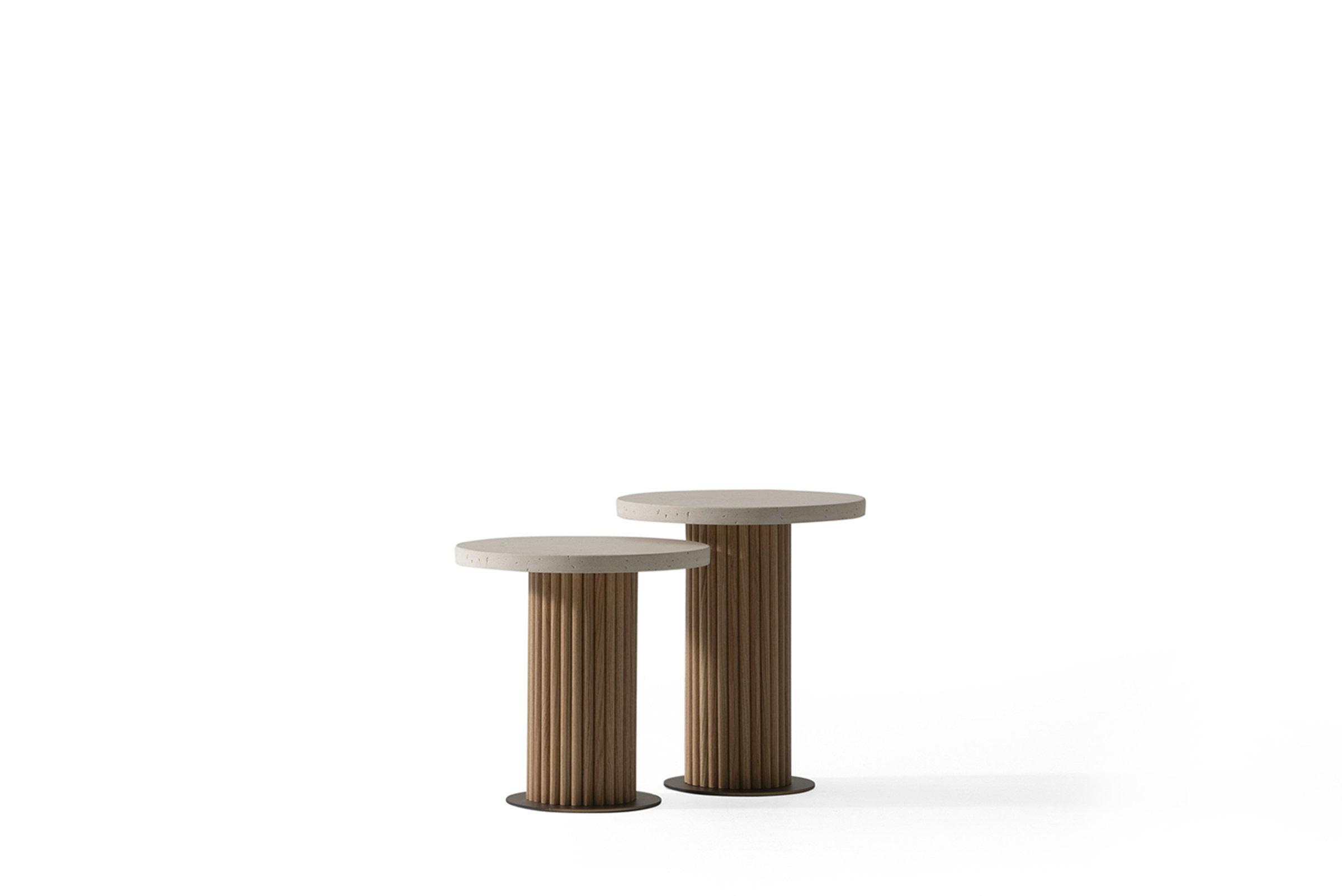 Sleek modern side tables with round stone tops and vertical wooden slat bases, ideal for contemporary living room or bedroom decor.