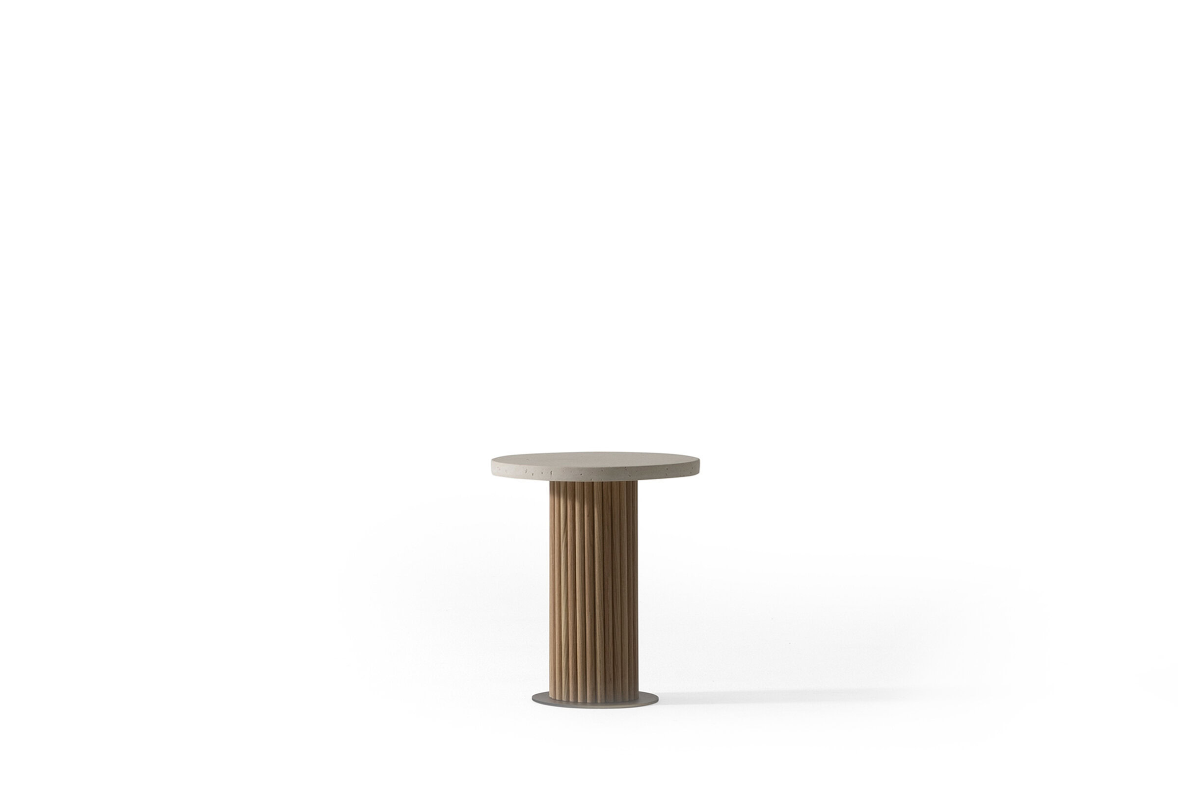 Sleek modern side table with a round concrete top and ribbed wooden cylindrical base, ideal for contemporary living room or bedroom decor.