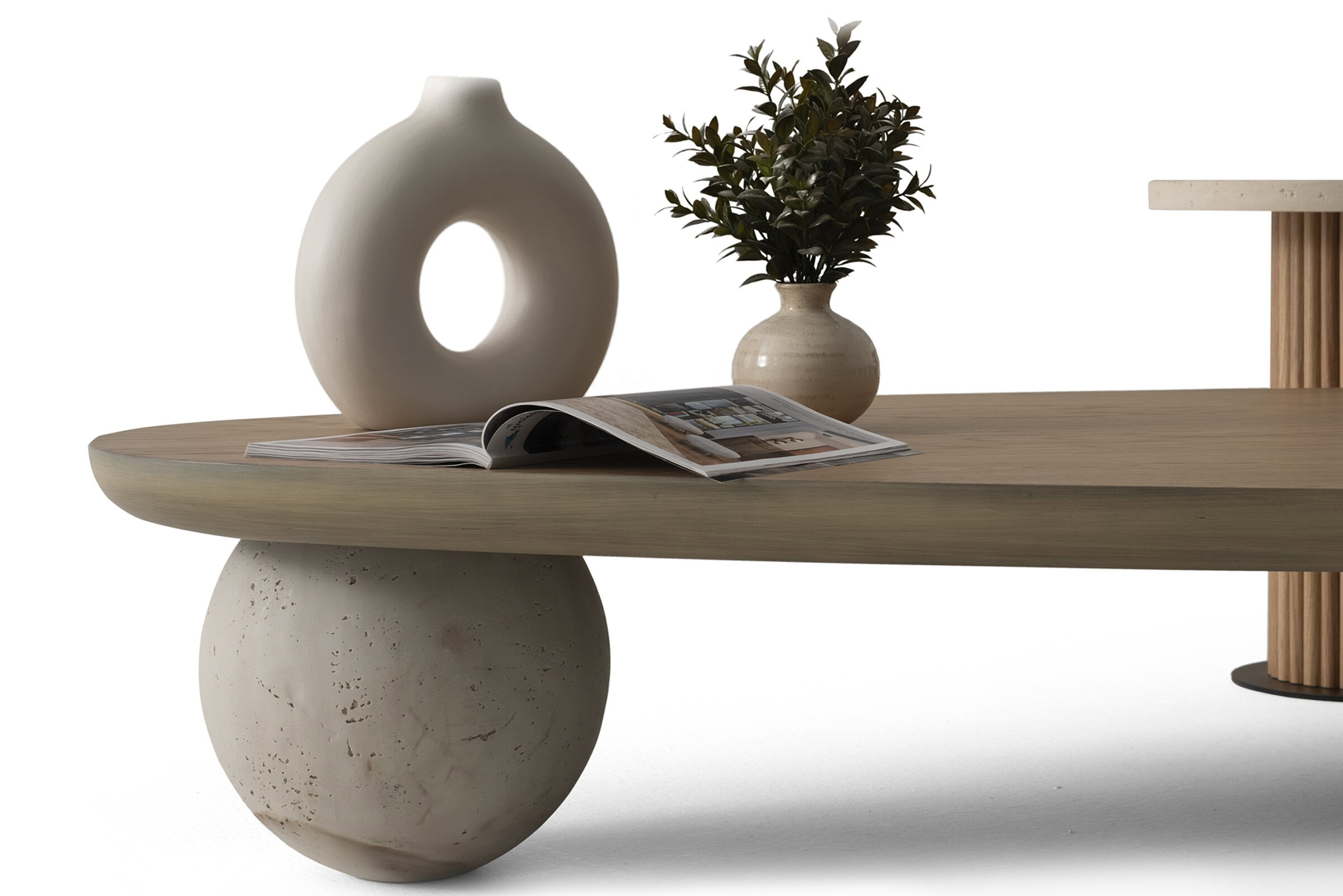 White ceramic vase with a circular hole, beige ceramic pot with greenery, modern wooden coffee table with a unique spherical concrete base, stylish interior decor display - perfect for contemporary home furniture.
