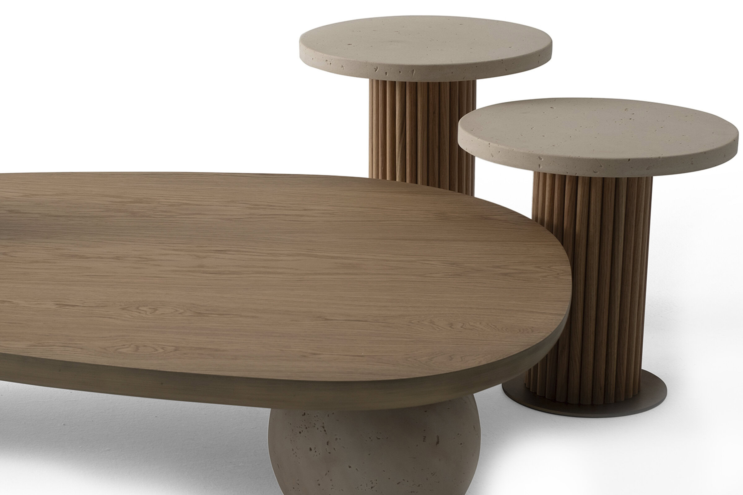 Smooth wooden coffee table with cream concrete accents and vertical wooden cylinder legs, modern minimalistic design.