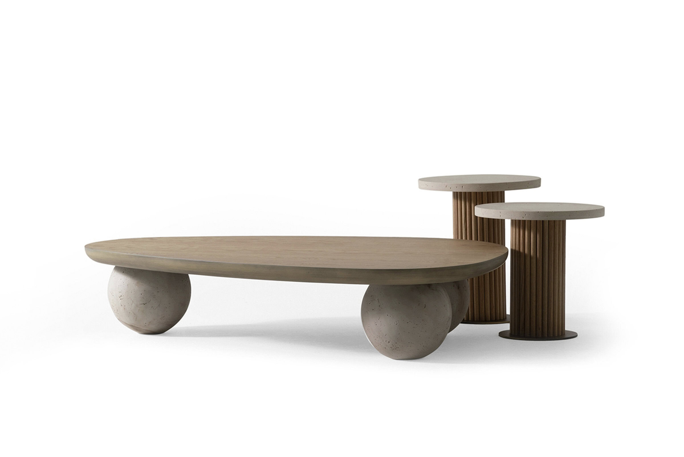 Natural wood coffee and side tables set with modern, minimalist design, featuring rounded concrete legs and ribbed wooden bases, perfect for contemporary living spaces.