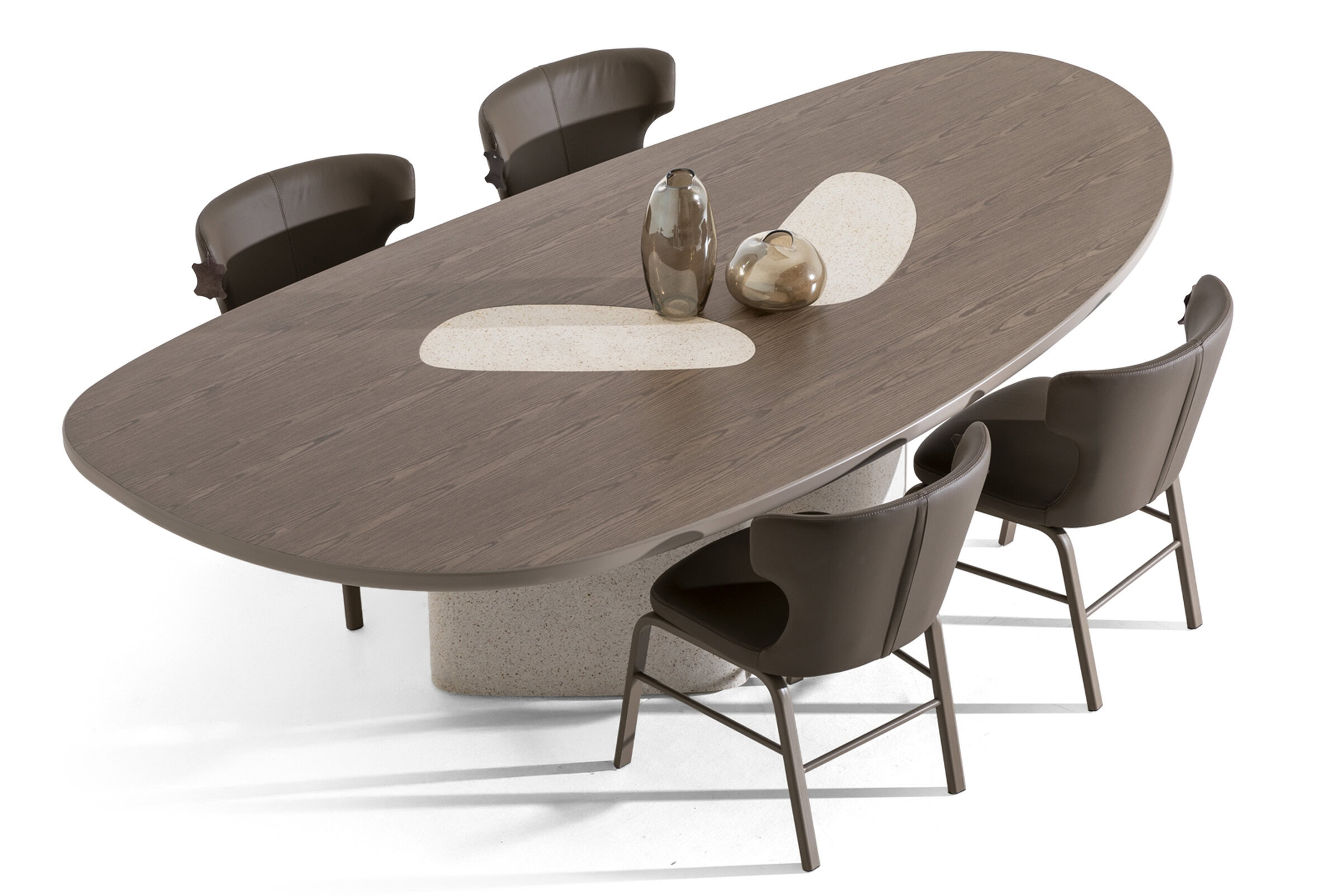 Sleek modern dining table with a wood finish and elegant ceramic accents, perfect for contemporary home decor and entertaining guests in style.