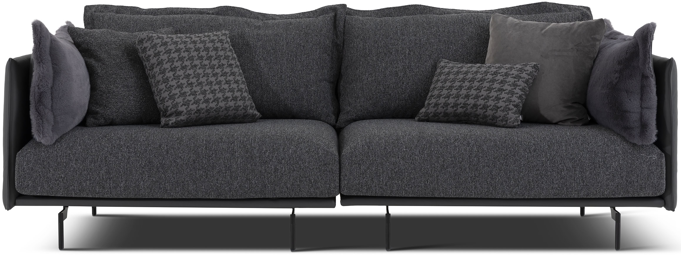Luxurious dark gray fabric sofa with sleek black metal legs, plush cushions, and cozy throw pillows, perfect for contemporary living room decor.