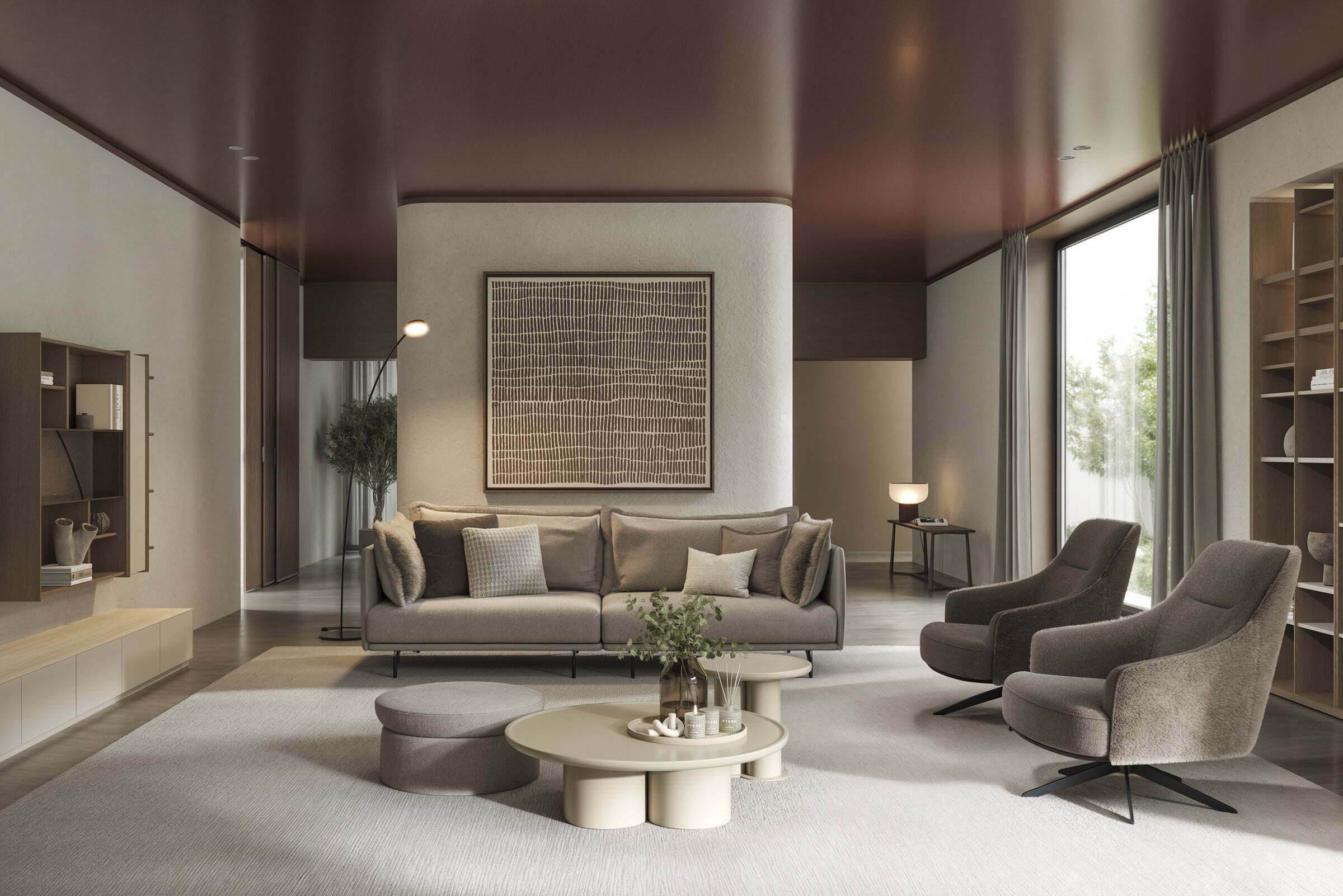Elegant modern living room with neutral-toned sofas, cozy armchairs, contemporary coffee table, and wooden shelving, showcasing stylish furniture from Saloni Furniture for sophisticated interior design.