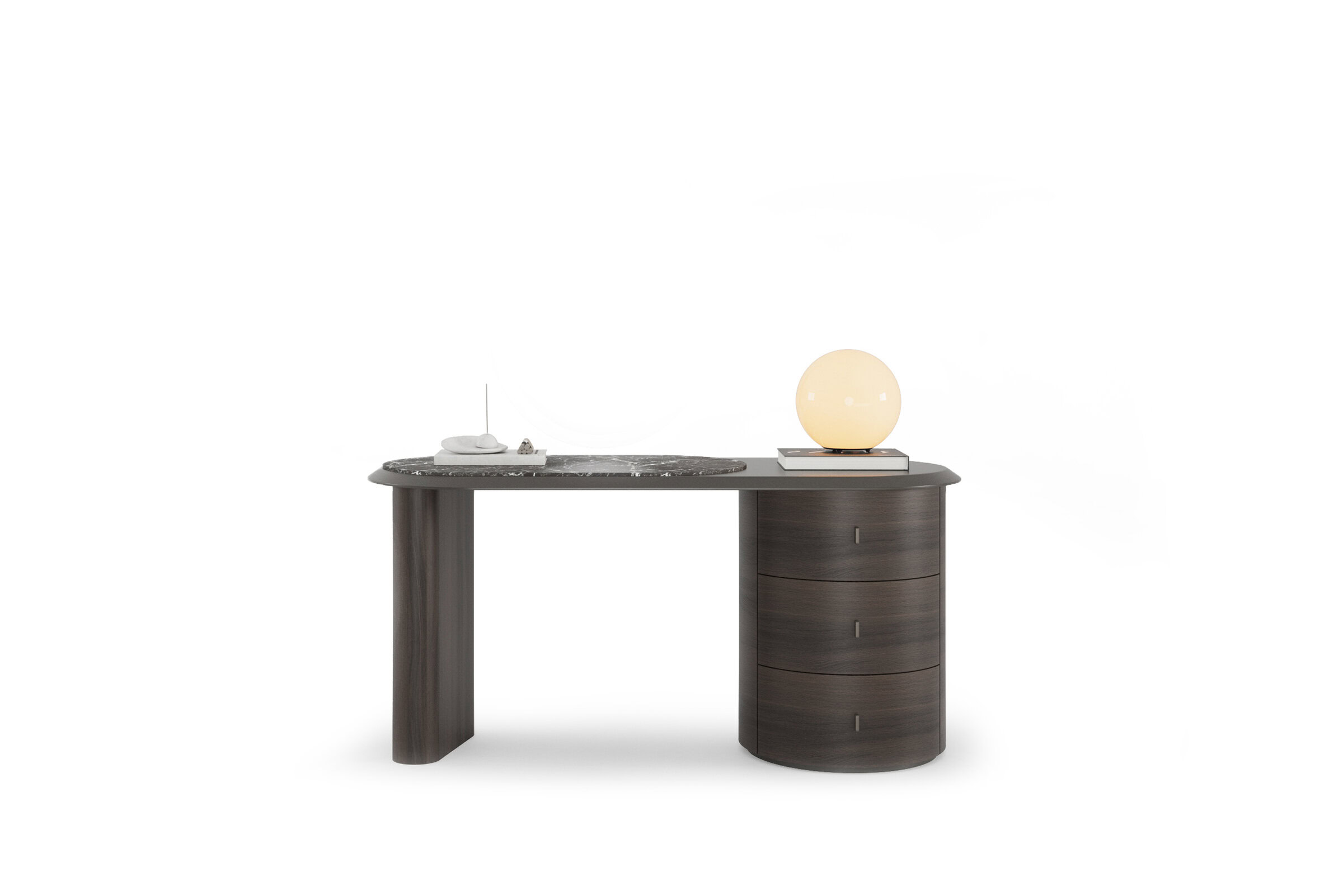 Elegant dark wood desk featuring a curved circular storage unit, ideal for stylish home or office setups. Crafted with high-quality materials, combining functionality and contemporary design.
