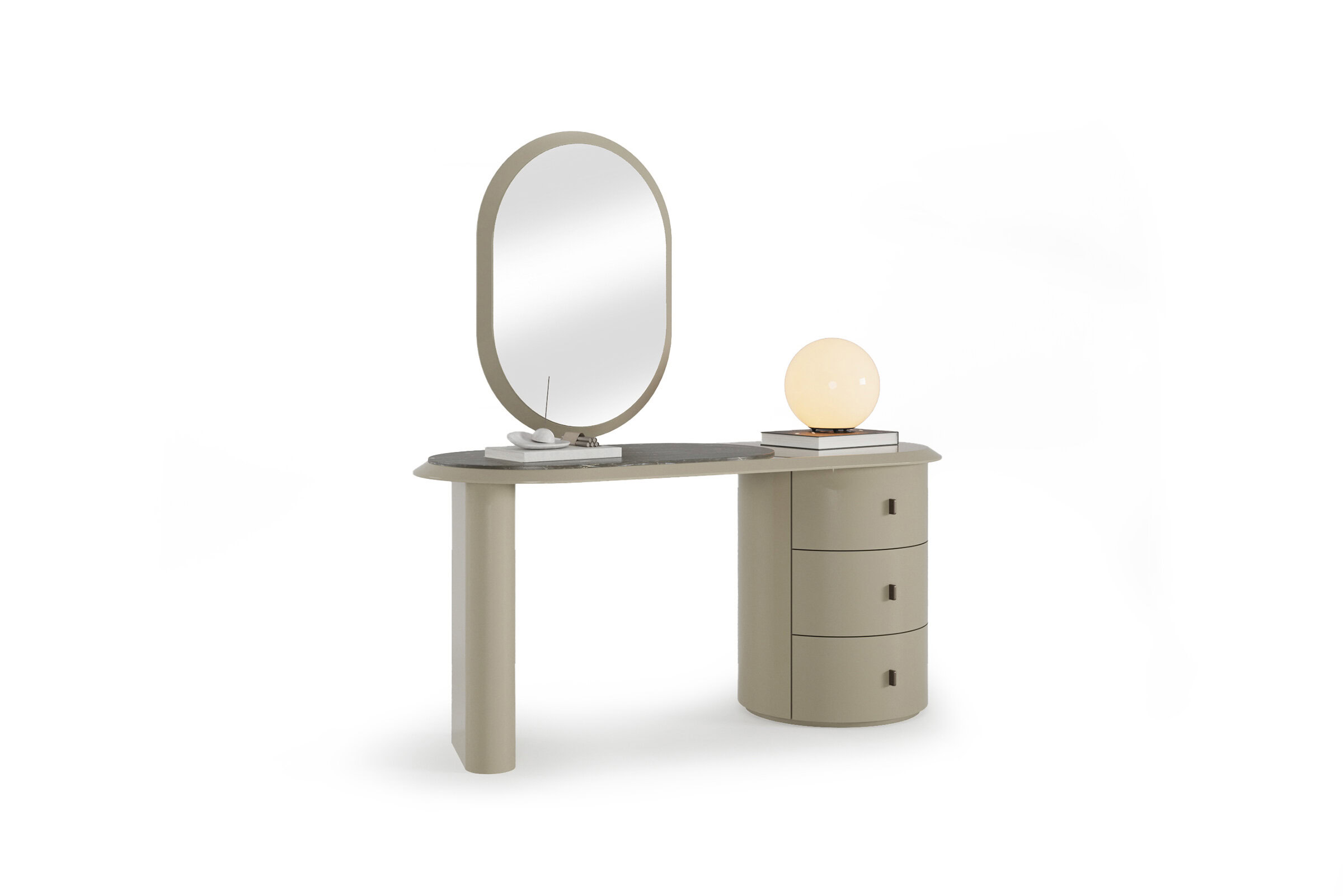 Modern beige vanity table with oval mirror, featuring a sleek design and three storage drawers, ideal for bedroom or dressing room organization.