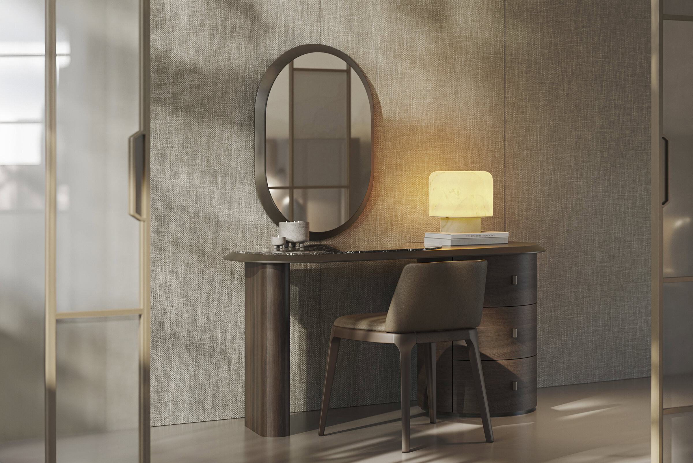 Elegant wooden vanity with mirror and ambient lighting, perfect for stylish bedroom setups and personal grooming spaces.