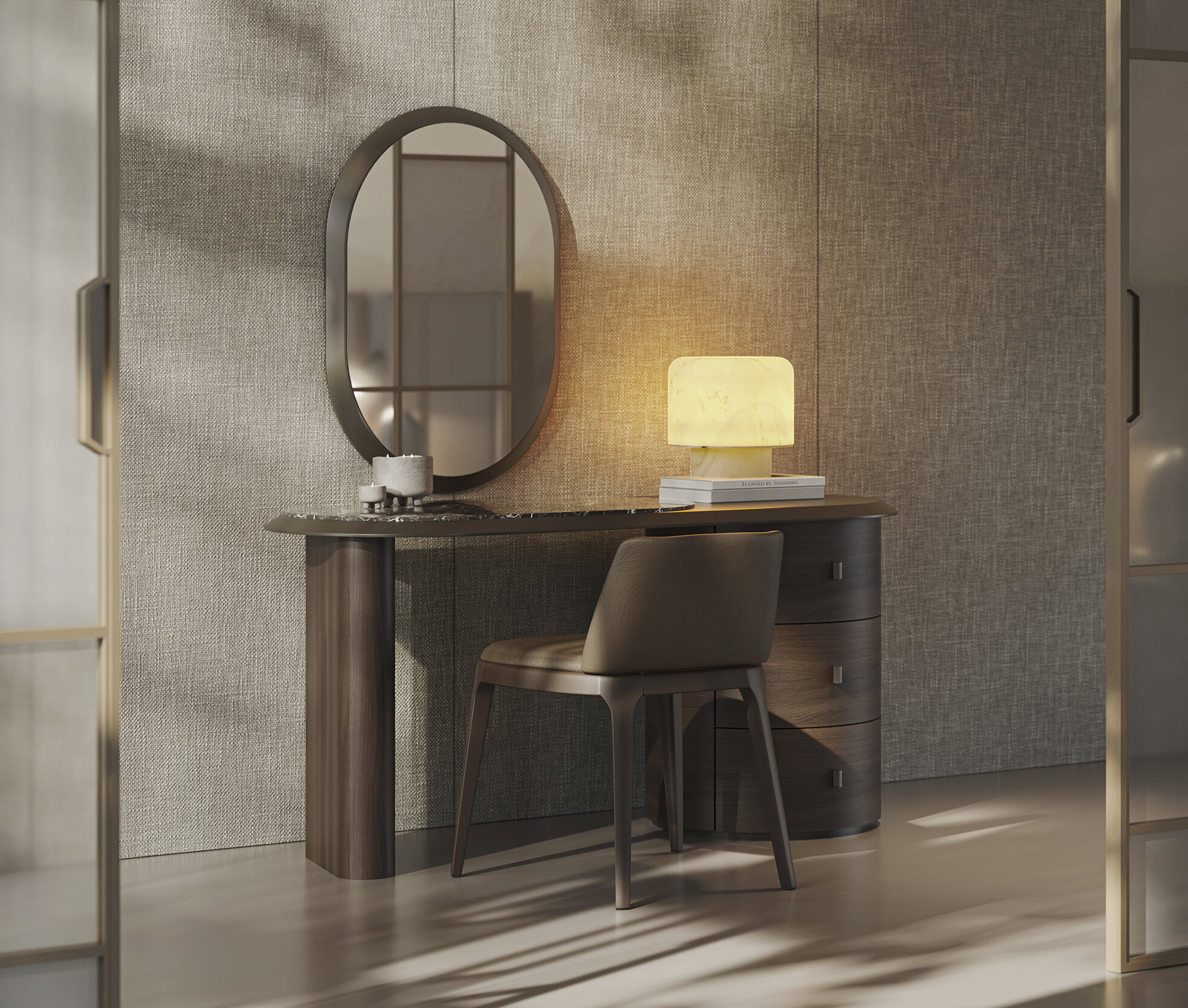 A stylish wooden vanity desk featuring a large oval mirror, a soft glowing table lamp, and a comfortable chair, set against a textured wall for a contemporary bedroom or dressing area.