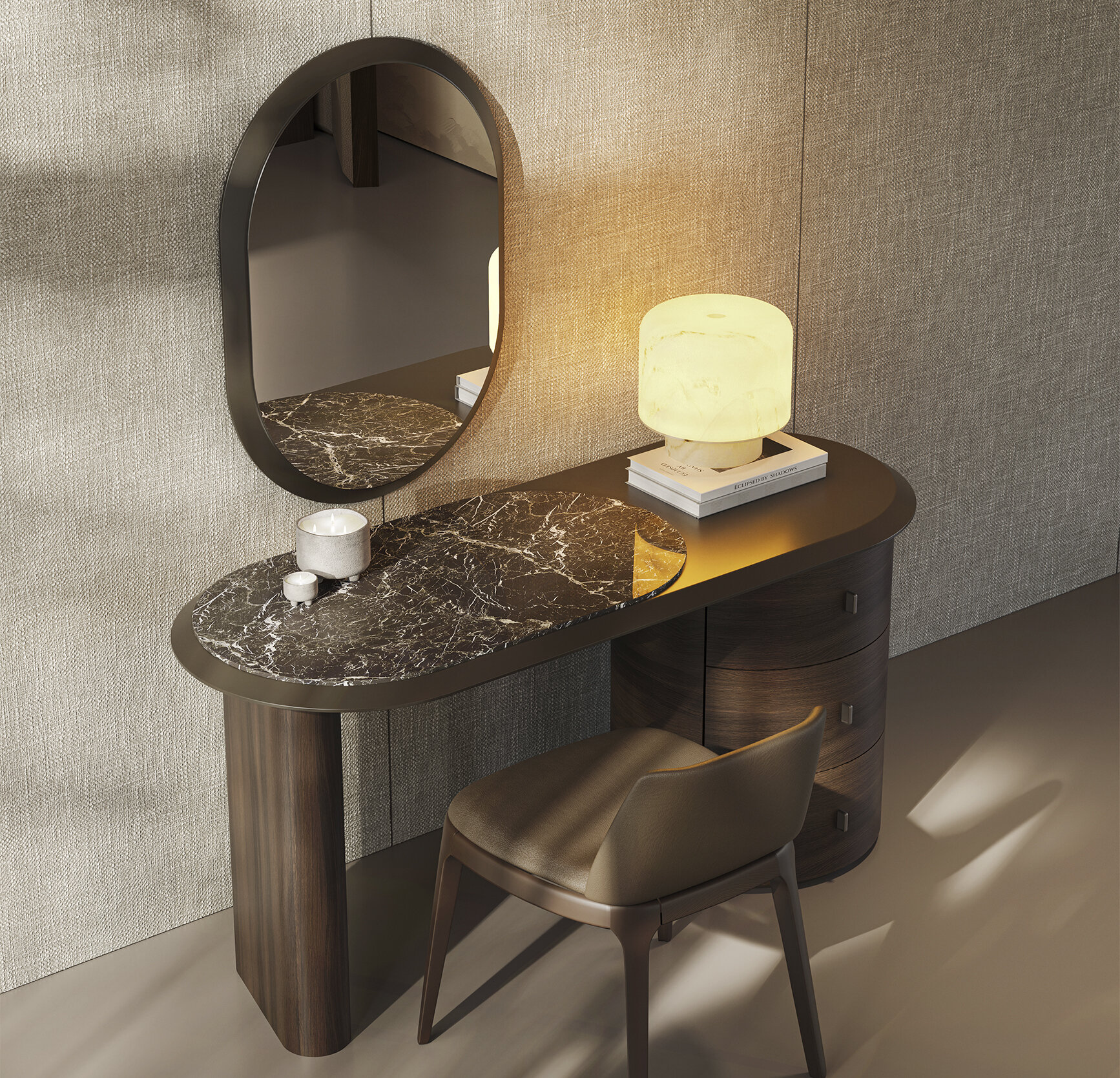 Elegant modern vanity desk with marble top, oval mirror, and warm lighting, perfect for stylish bedroom decor and functional makeup space.