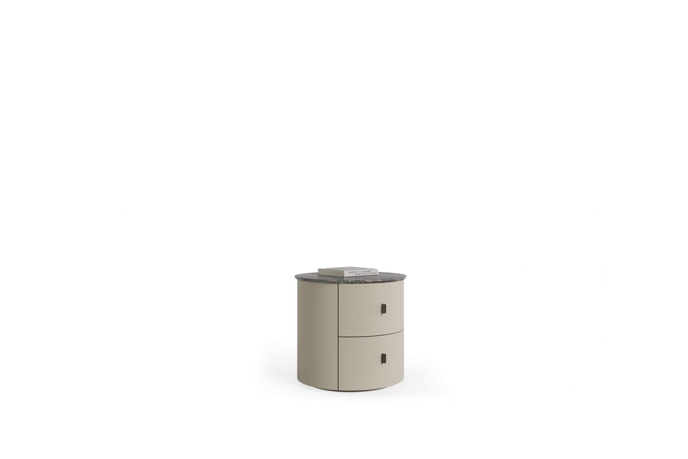 Minimalist round beige bedside table with two drawers, black handles, and elegant marble top for contemporary bedroom decor.