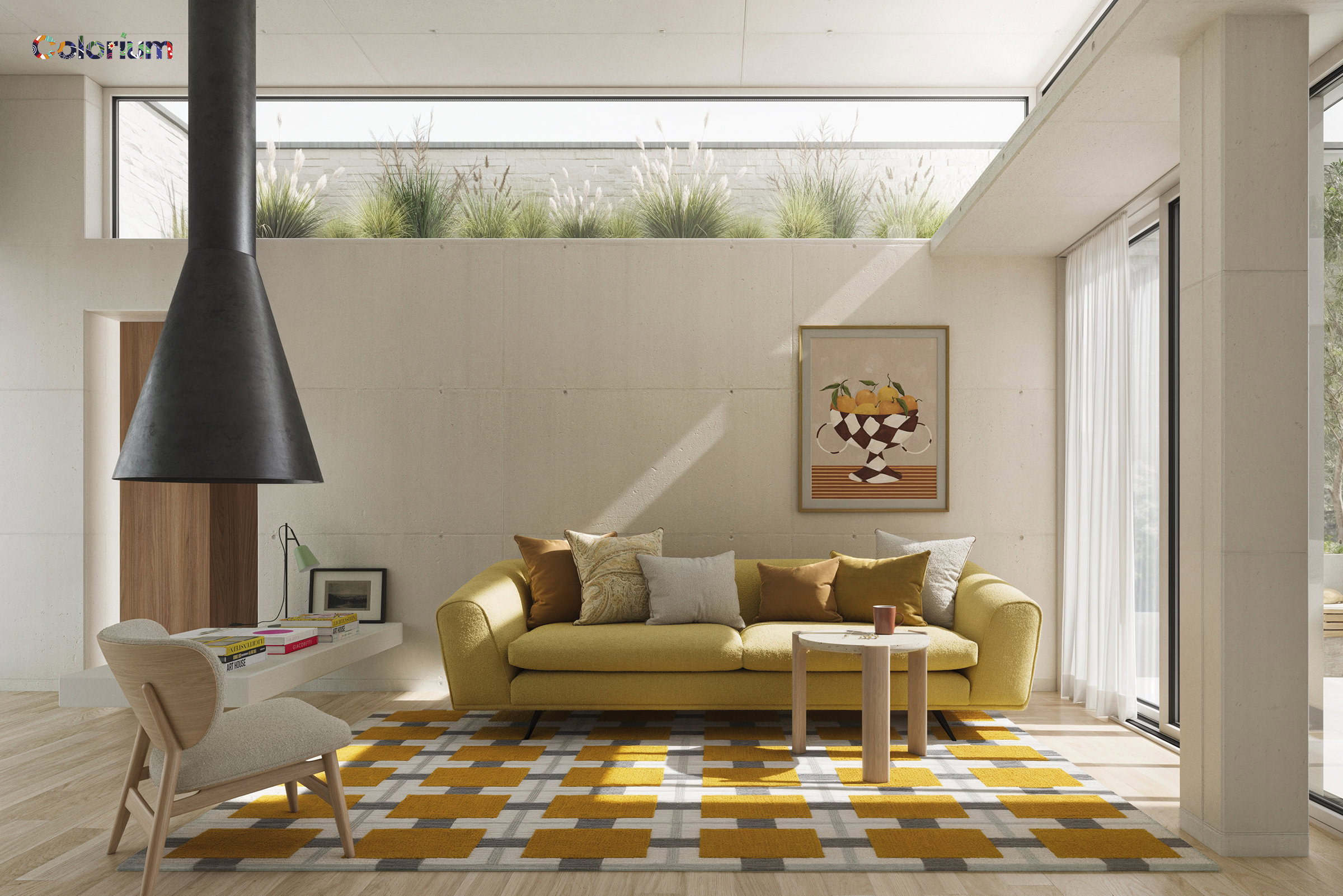 Bright and inviting living room featuring a yellow sofa, contemporary decor, and large windows for ample natural light. Perfect for stylish and comfortable home interiors.