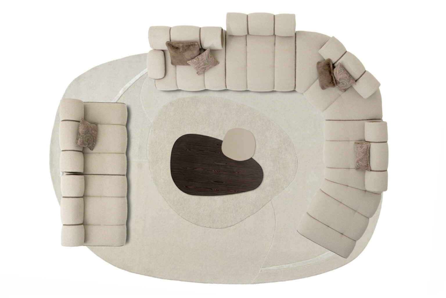 Elegant beige sectional sofa with plush cushions and decorative throw pillows, perfect for modern living room decor and comfortable seating.