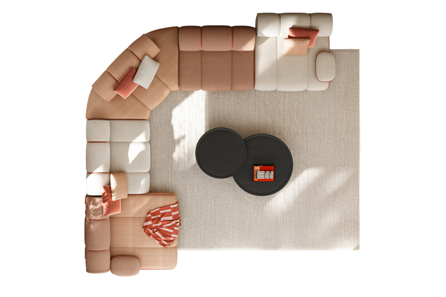 Luxurious sectional sofa in soft beige, pink, and coral tones with decorative cushions, ideal for modern living rooms, paired with black coffee tables on a neutral rug.