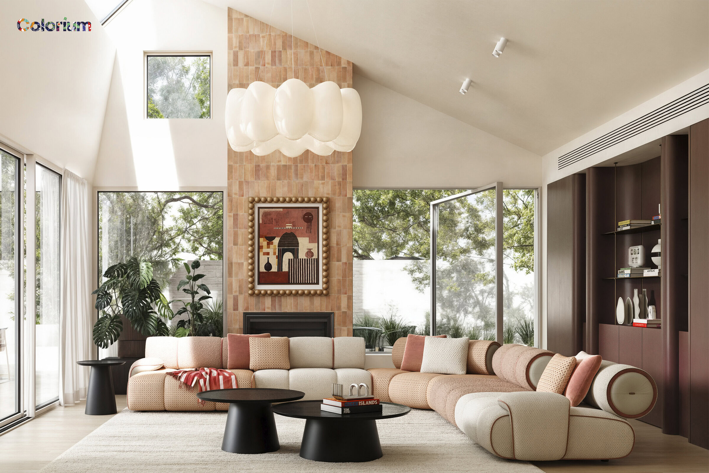 Elegant living room featuring a large, curved sectional sofa with beige and pink cushions, surrounded by natural light from expansive windows and decorated with modern art and a statement chandelier.