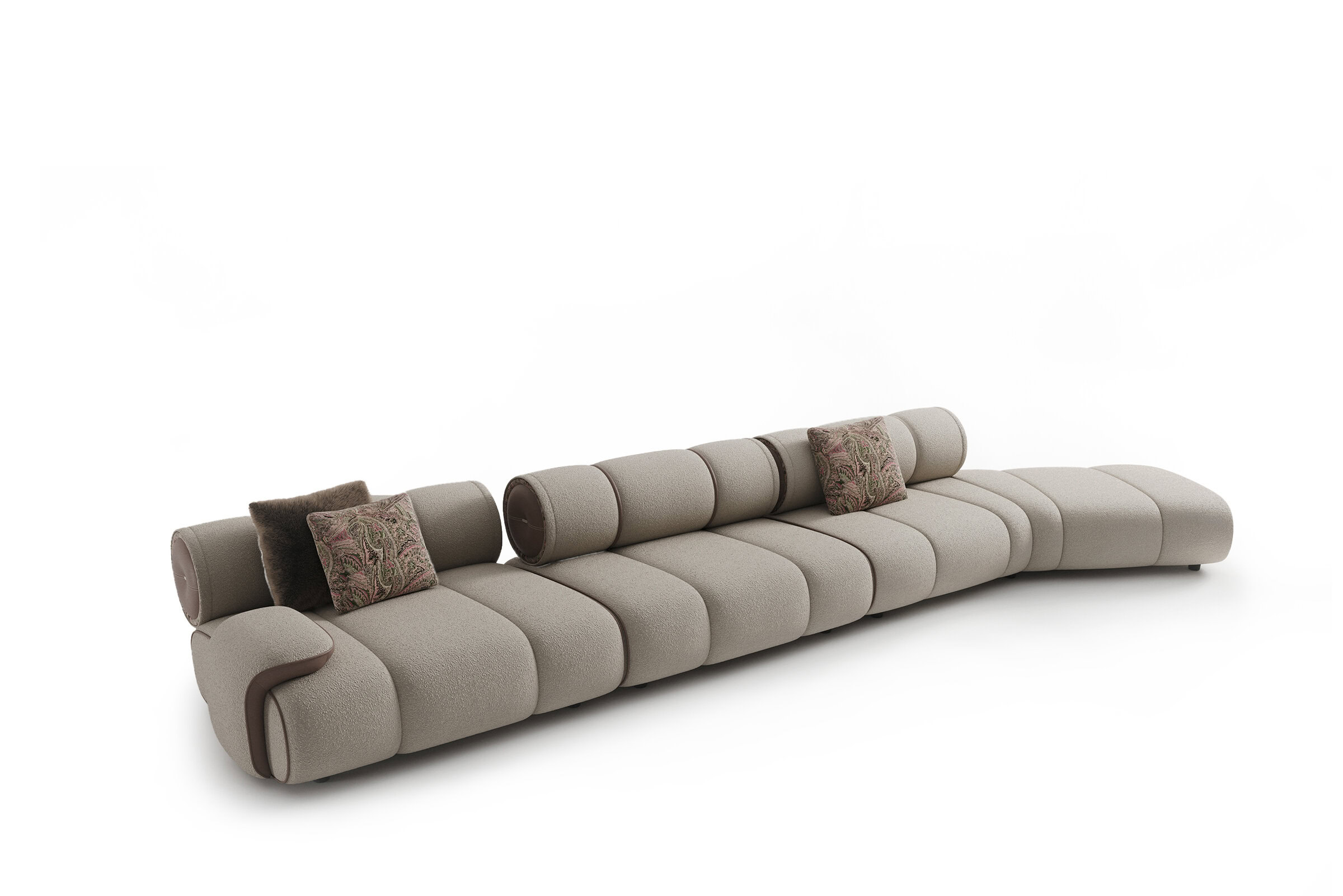 Contemporary modular sofa with plush cushions and decorative pillows, ideal for stylish living rooms and spacious interiors.