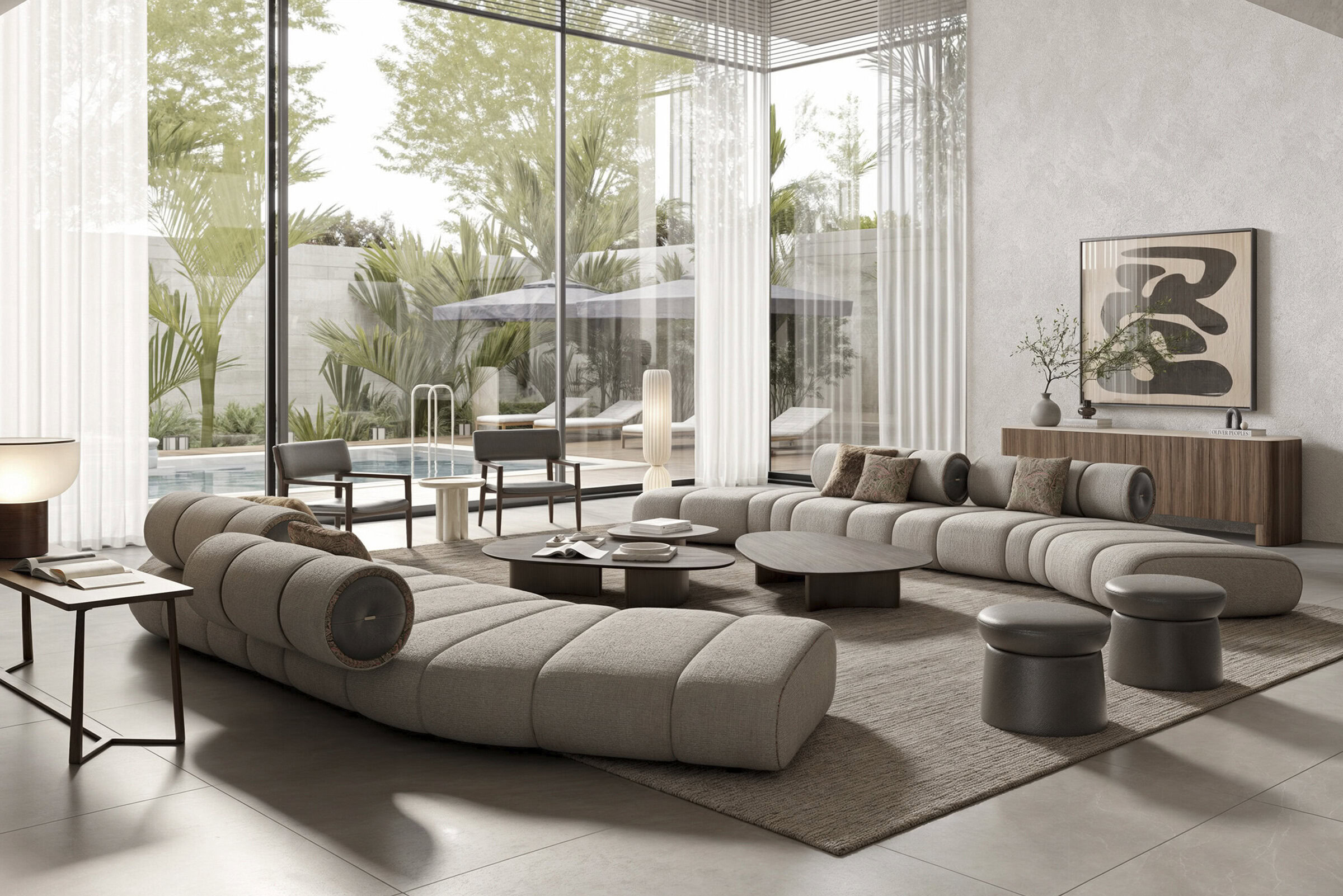 A stylish and spacious living room featuring contemporary furniture, large glass windows, and natural light, perfect for modern home interiors.