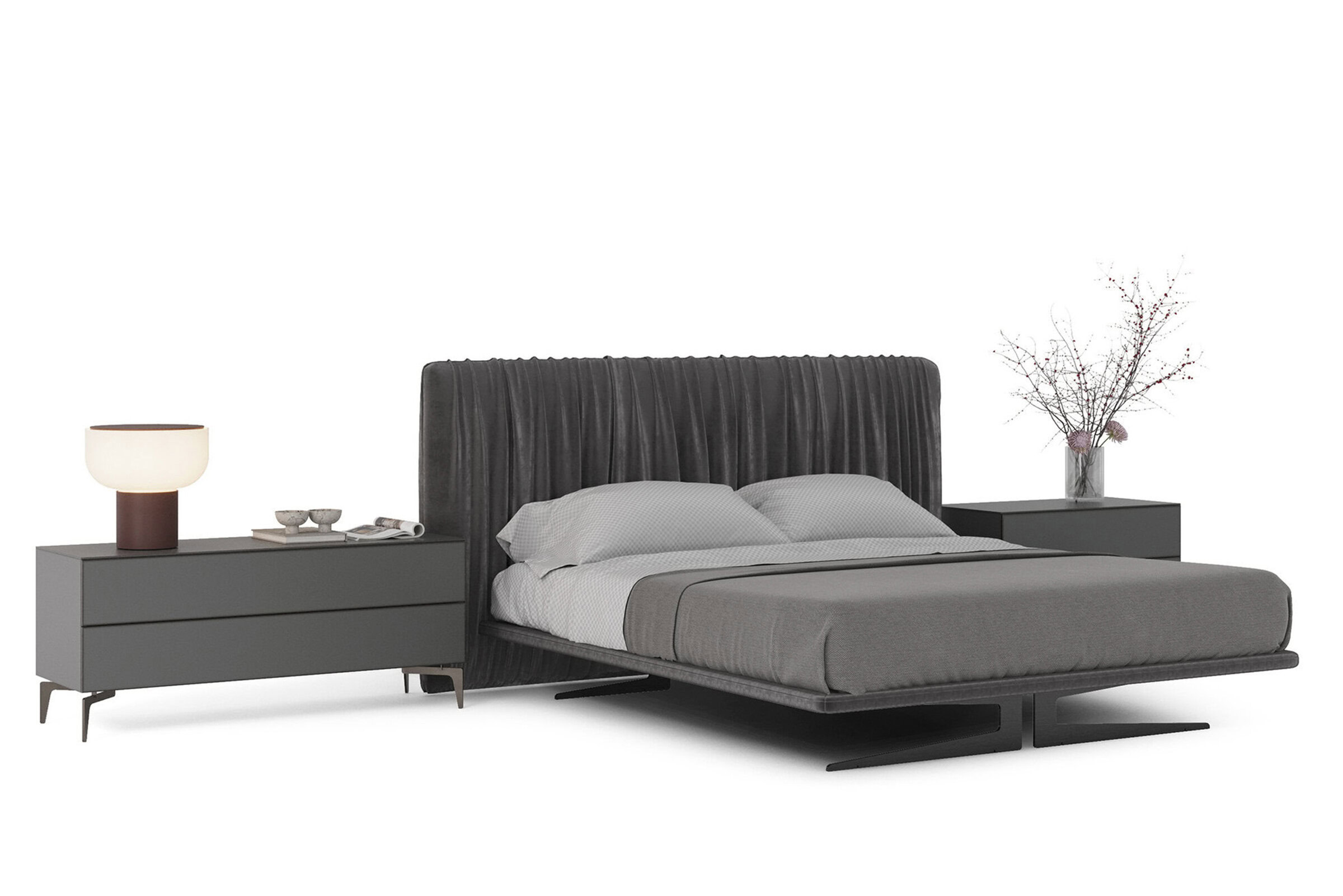 Sleek black leather upholstered bed with a modern headboard design, paired with contemporary gray nightstands and stylish decor for a sophisticated bedroom look.