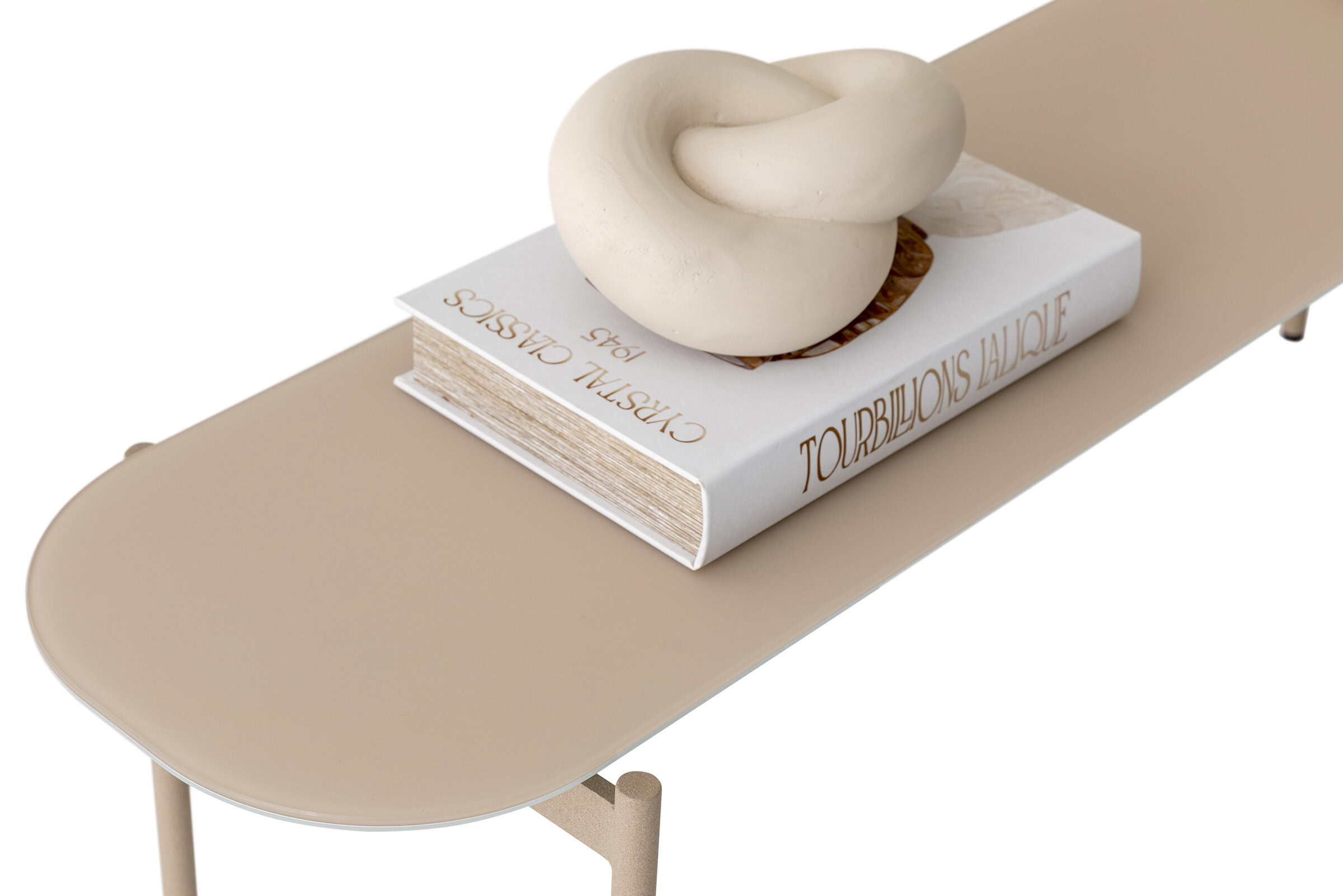 Modern beige coffee table with smooth rounded edges and minimalist design, perfect for contemporary living rooms.