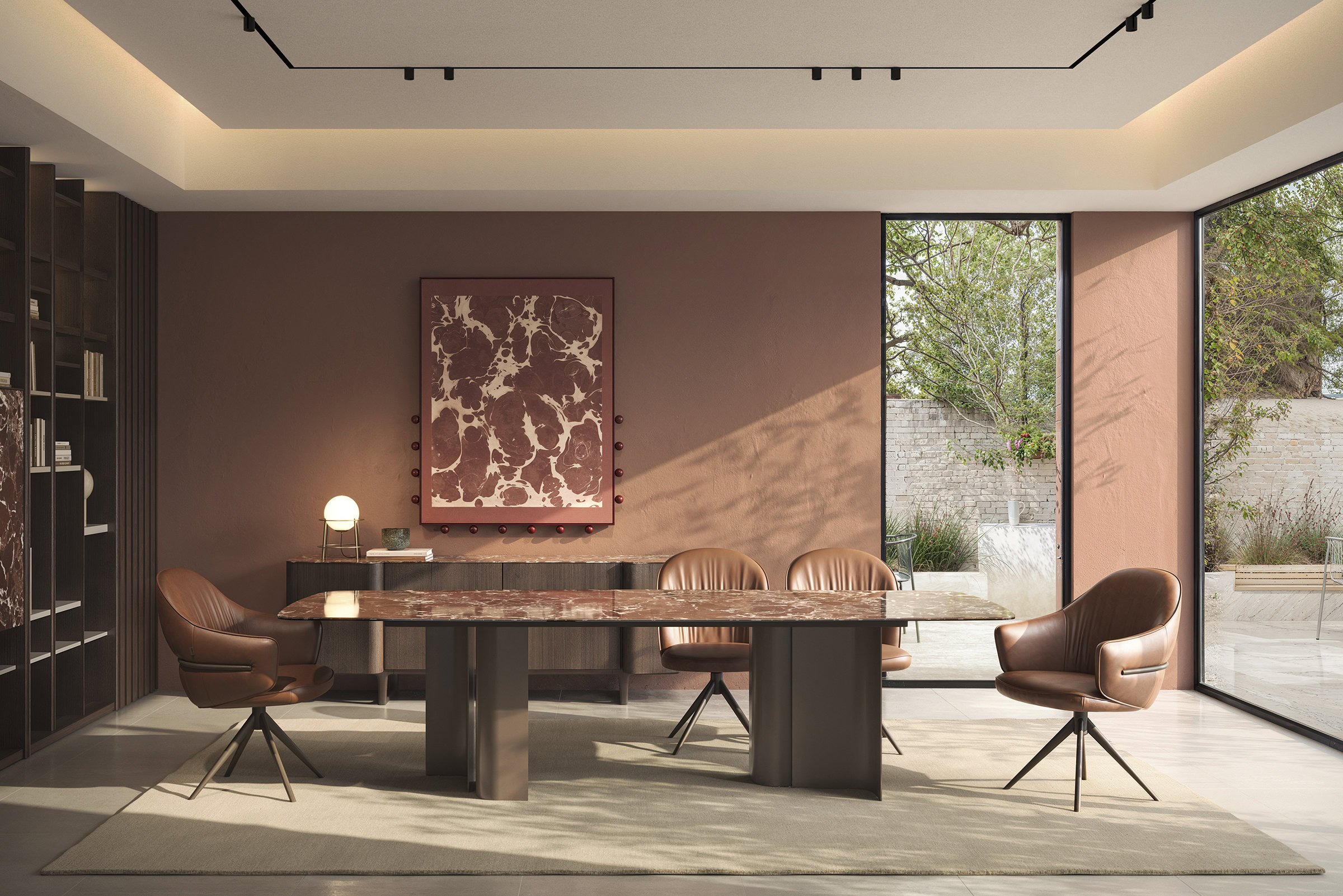 Modern conference room featuring stylish leather chairs, a sleek marble table, and large glass windows with a view of greenery, ideal for professional meetings and corporate spaces.