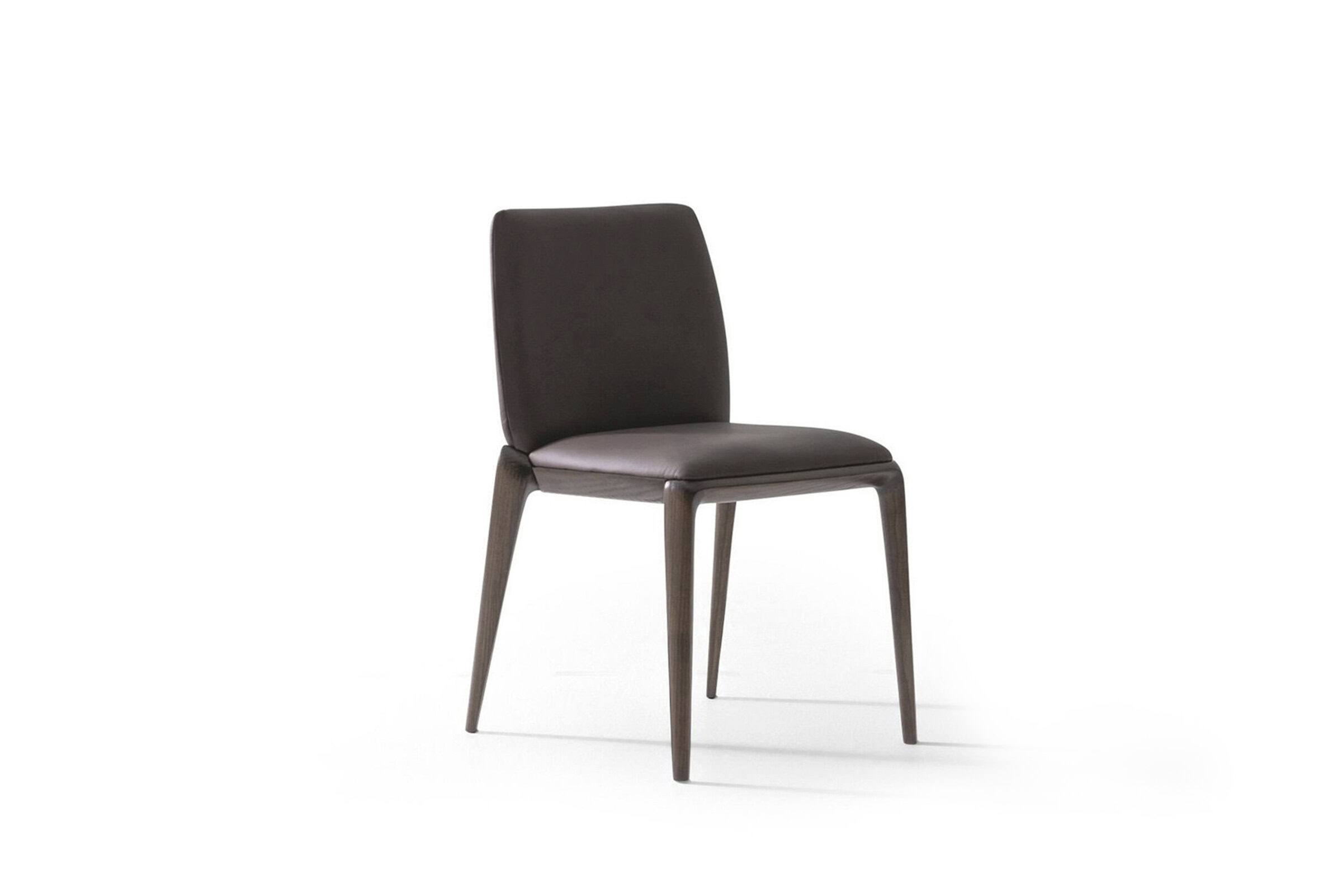Sleek modern dining chair with upholstered dark brown fabric and wooden legs, ideal for stylish home or restaurant interiors.