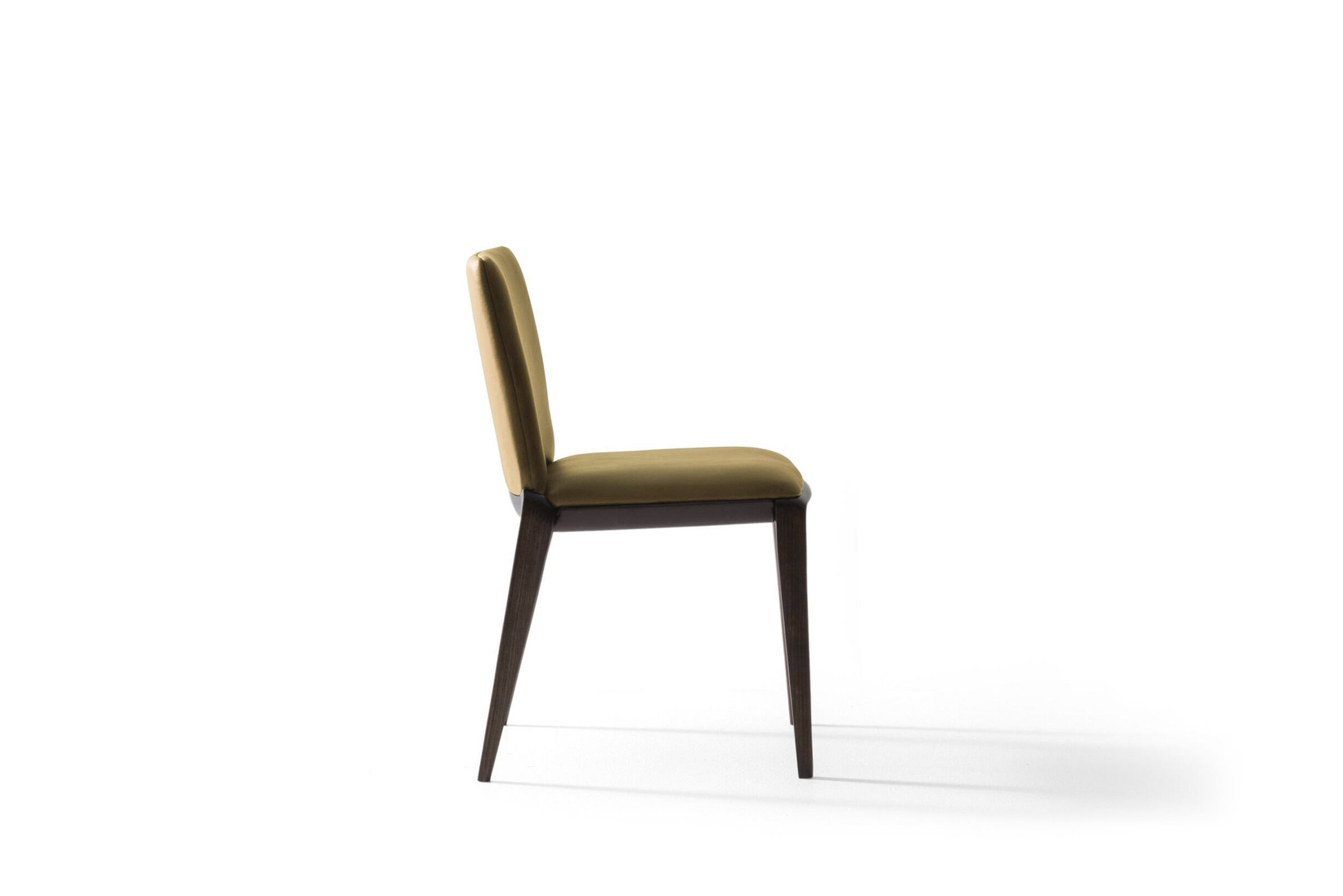 Sleek modern dining chair with upholstered olive-green seat and backrest, featuring dark wooden legs, perfect for contemporary home or restaurant interiors.