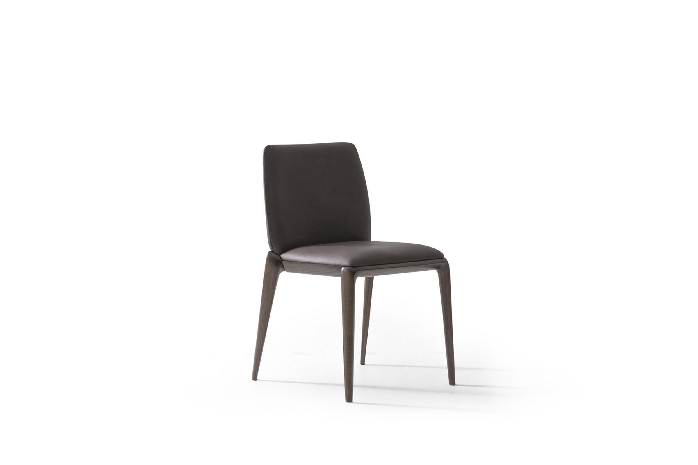 Modern dark brown dining chair with upholstered seat and backrest, sleek wooden legs, perfect for contemporary home decor.