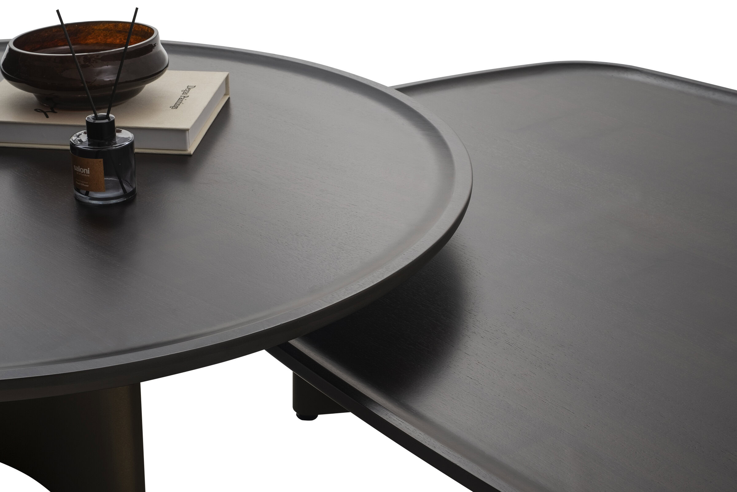 Dark wood round coffee tables set, modern minimalist design, high-quality finished surfaces, ideal for contemporary living room decor, stylish and functional furniture.