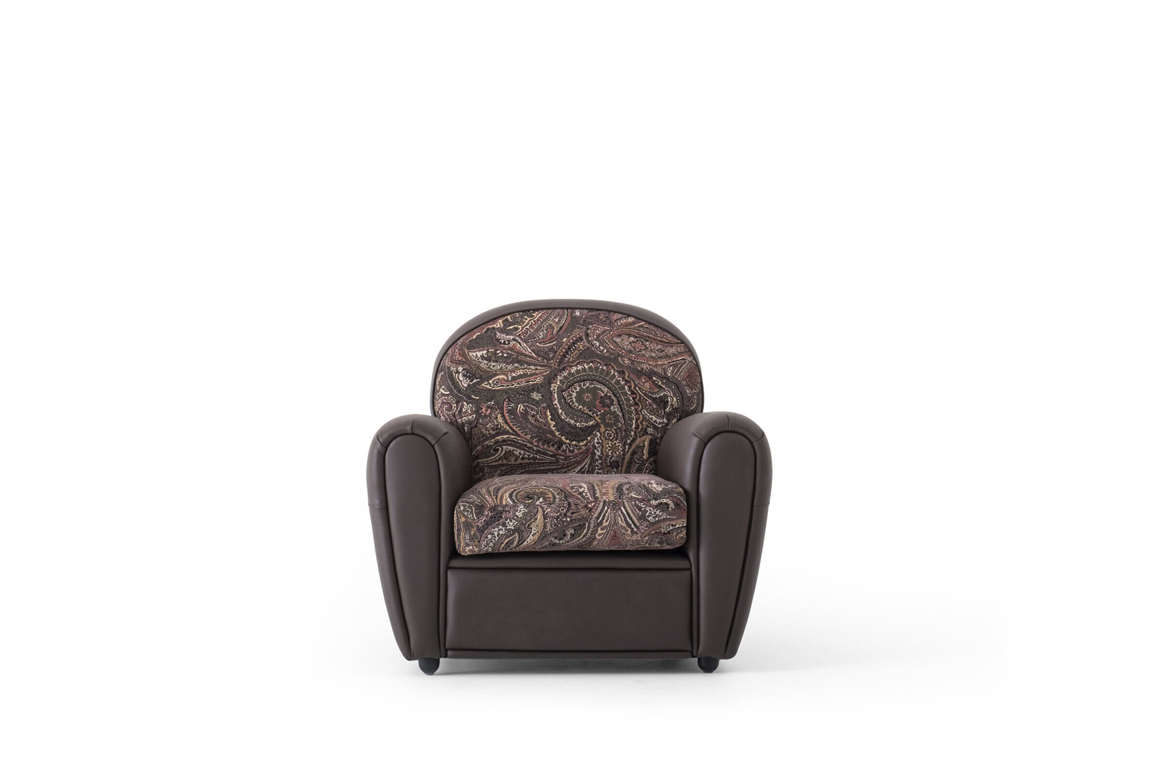 Plush brown leather armchair with patterned fabric cushion, stylish and comfortable furniture for living room or lounge area. Perfect for modern interior decor.