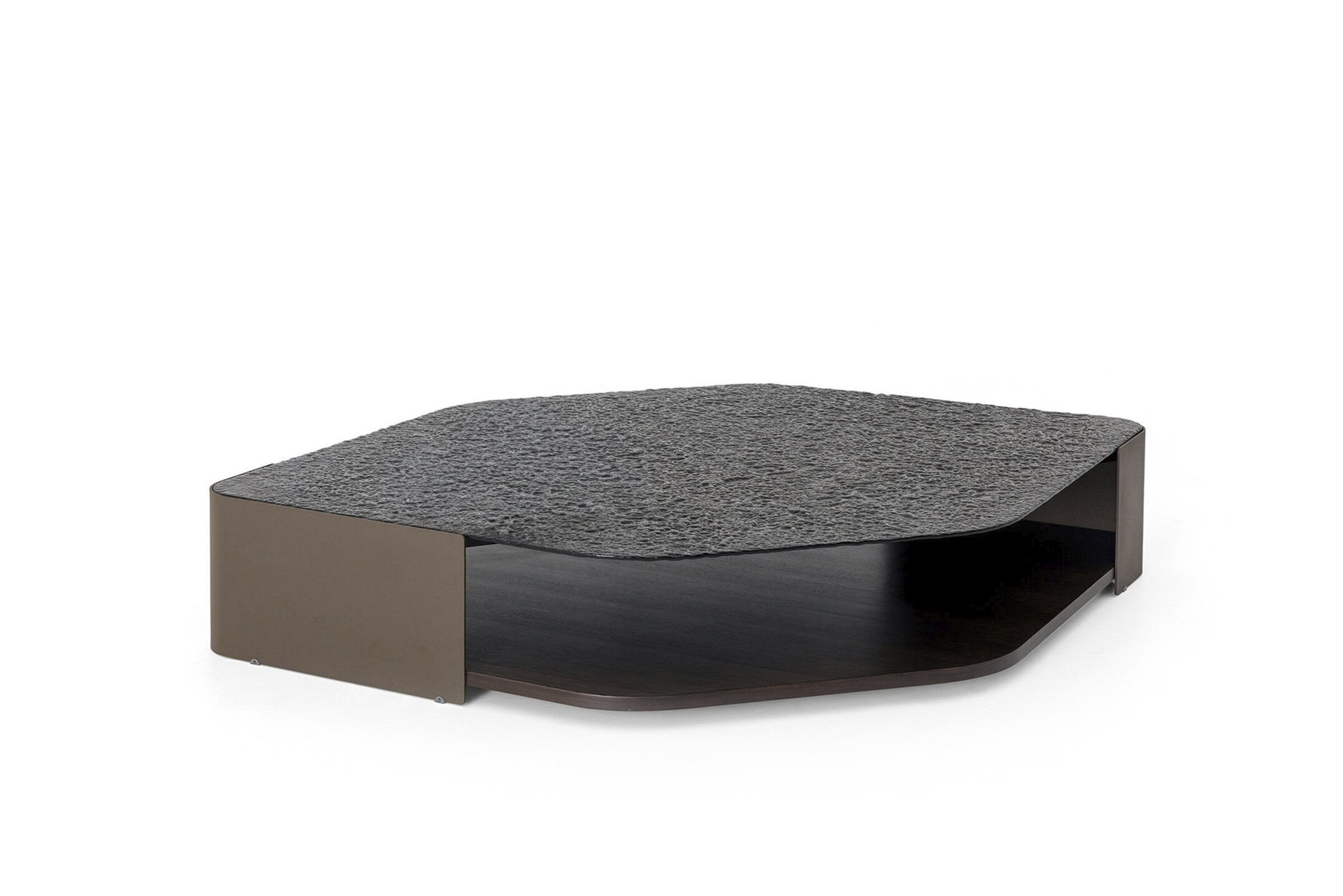 Stylish modern coffee table with a textured stone top and sleek dark wood base, perfect for contemporary home decor and living room interiors.