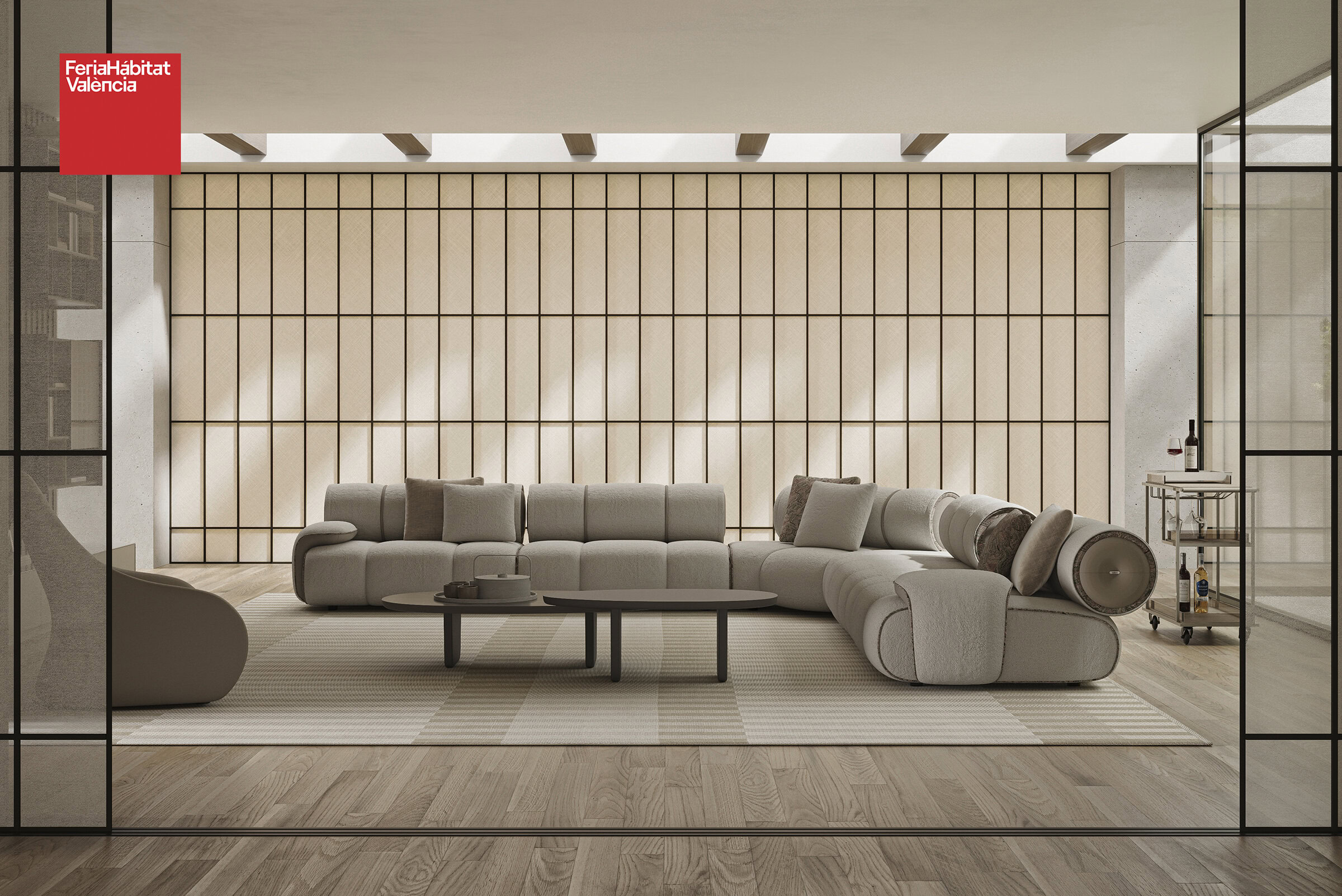 Modern beige sectional sofa in a stylish living room with minimalist decor and wooden accents, perfect for contemporary home comfort and elegance.