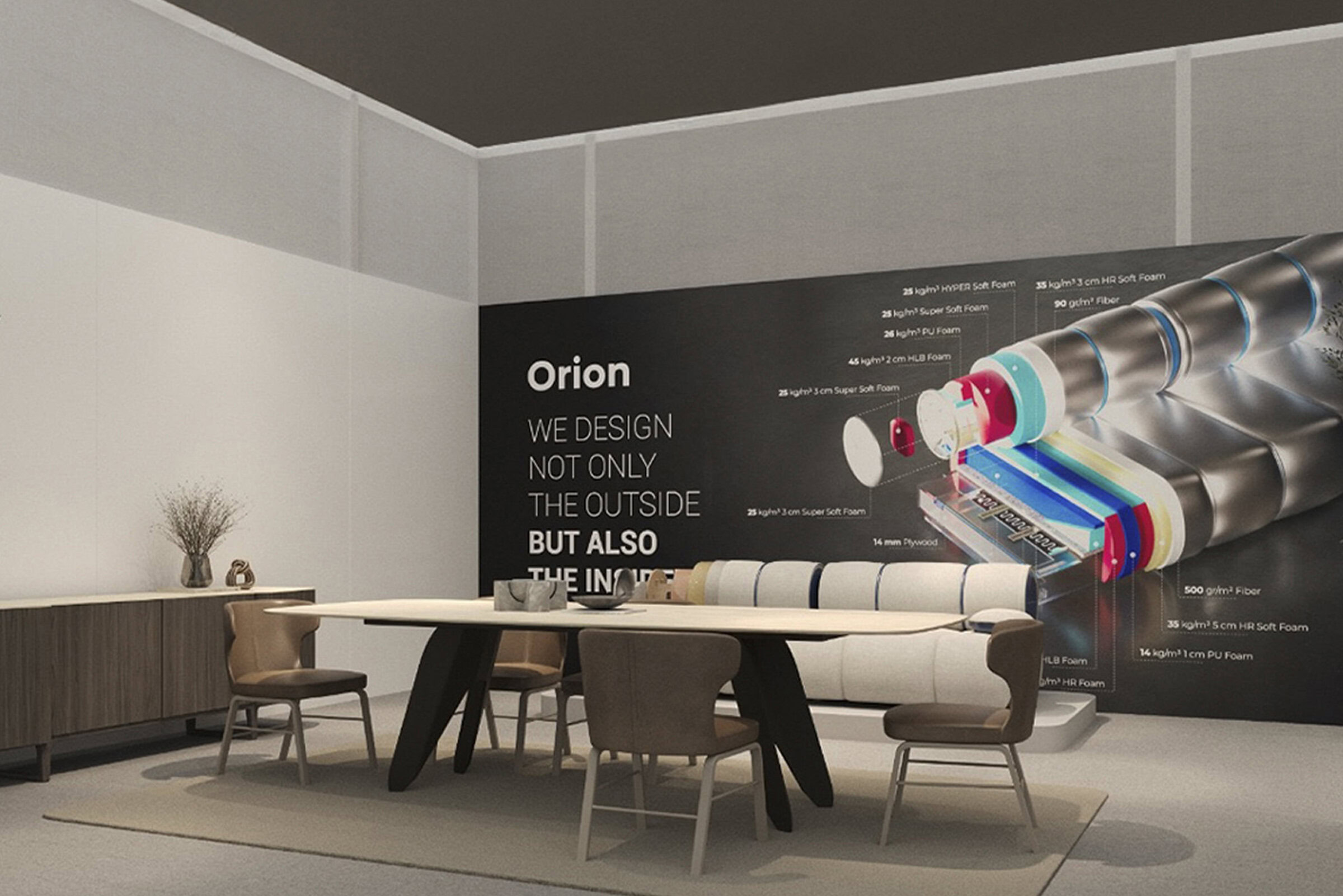 Elegant modern furniture showroom featuring a contemporary dining table and chairs, with a sleek wooden sideboard, emphasizing stylish and functional design from Saloni Furniture.