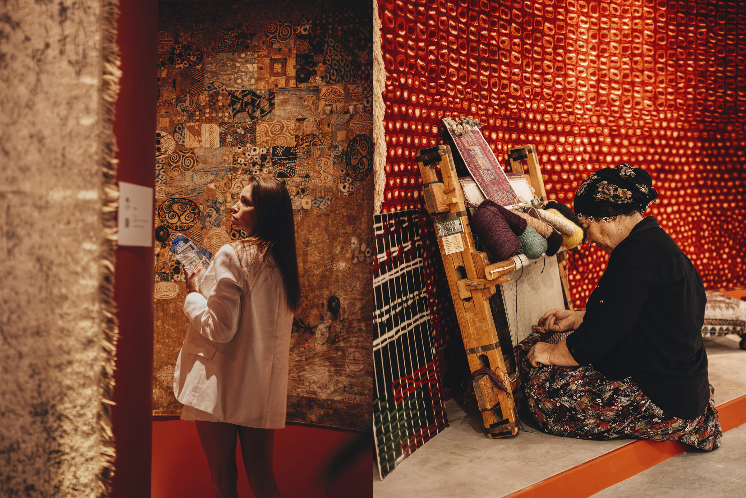 Vibrant display of high-end furniture and handcrafted textiles at Saloni Furniture showroom, showcasing rich textures, unique designs, and vibrant colors ideal for modern and traditional interior decor.