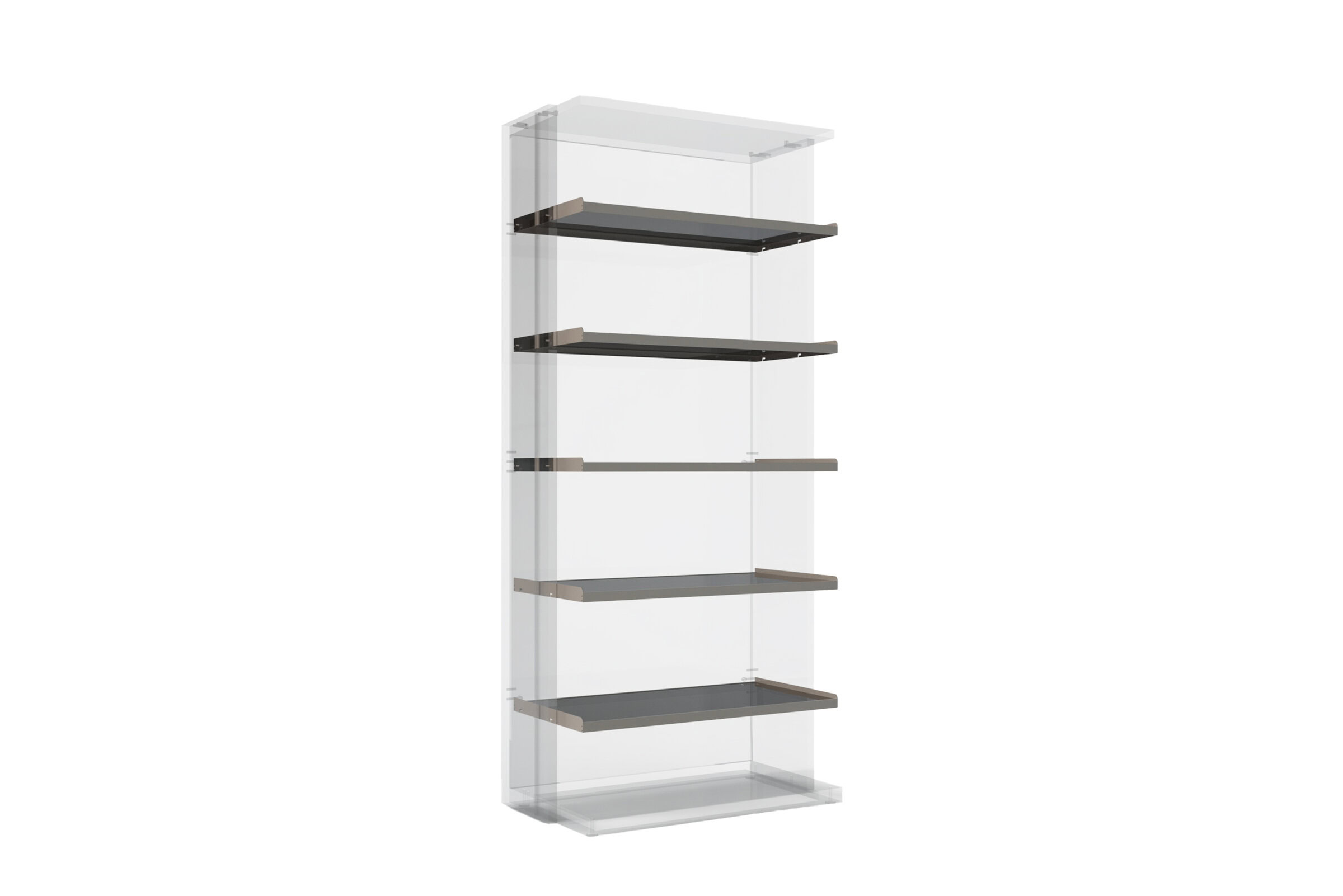 Modern transparent and black shelving unit with multiple adjustable shelves, ideal for stylish home or office organization.