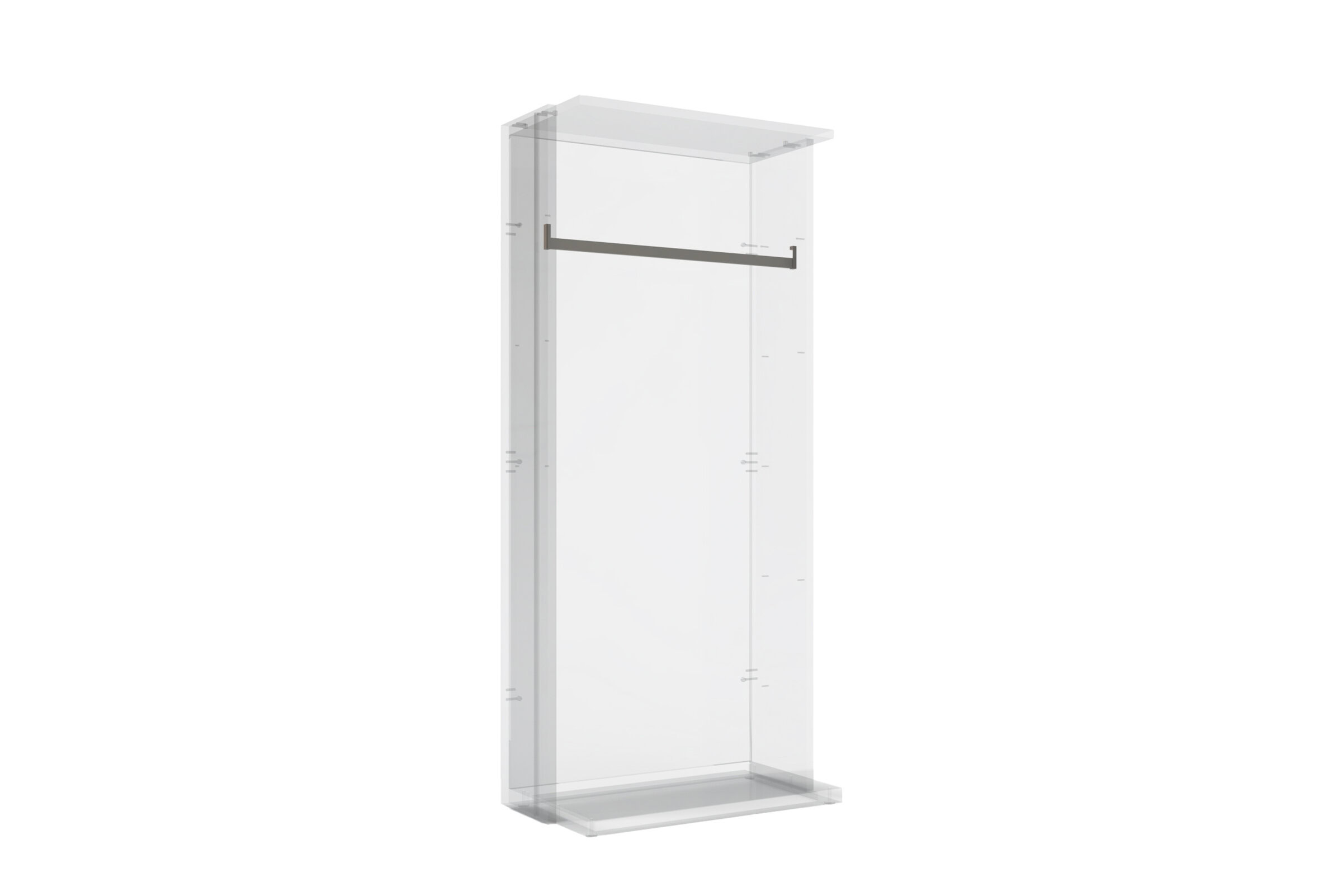 Clear acrylic display cabinet with a black metal hanging bar, ideal for showcasing home or retail items, durable, modern design from Saloni Furniture.