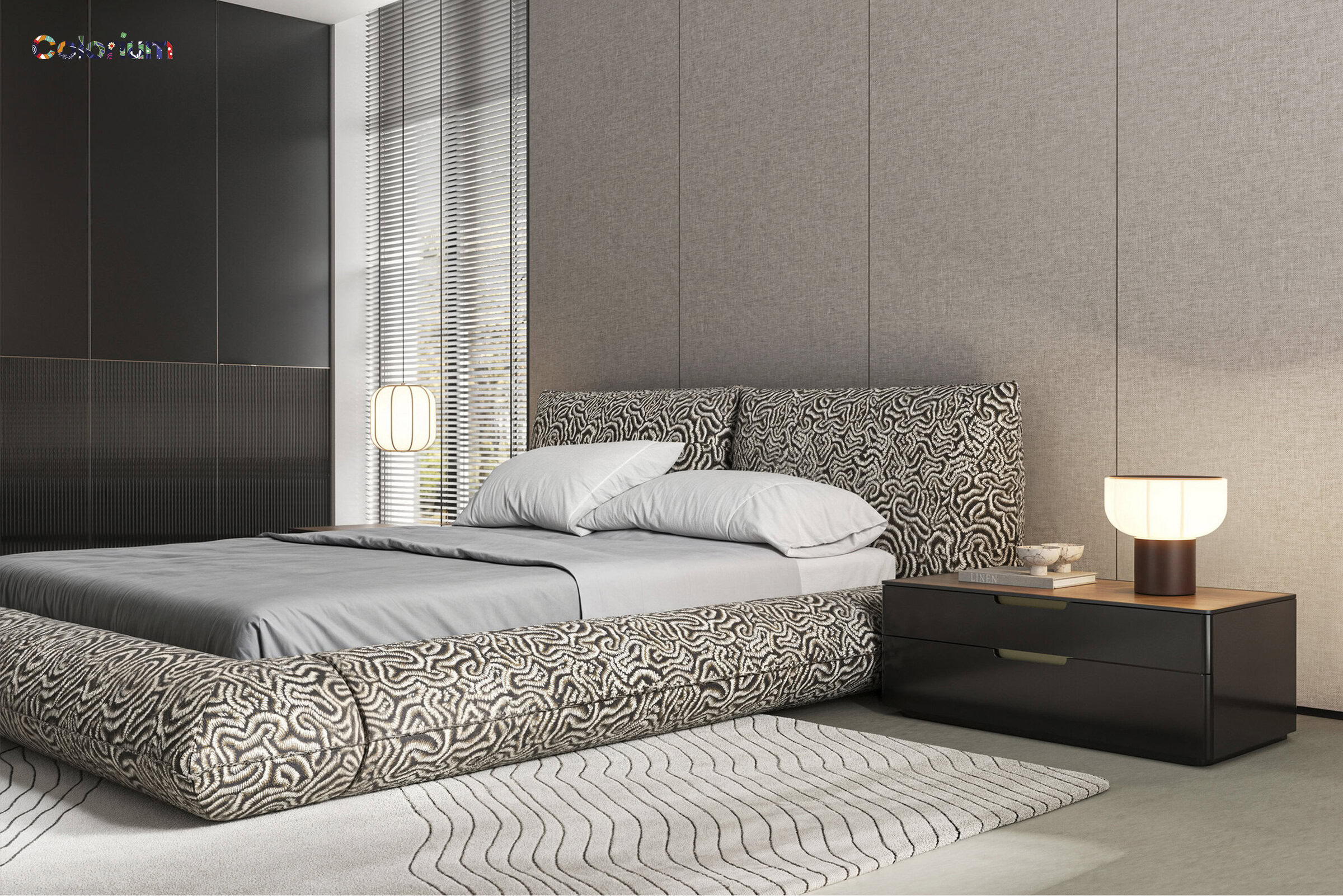 Elegant modern bedroom featuring a stylish upholstered bed with a patterned headboard and a sleek black side table with contemporary table lamps, ideal for luxury home furniture.