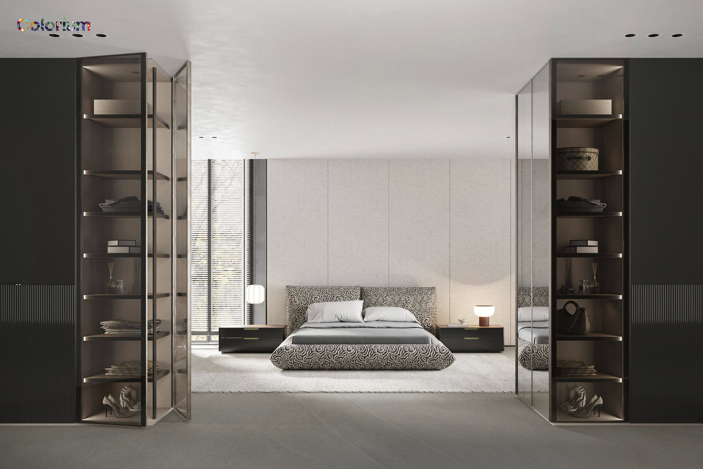 Sleek modern bedroom with stylish black and beige furniture, contemporary headboard, and elegant built-in shelving units for a minimalist aesthetic, perfect for luxury interior design.