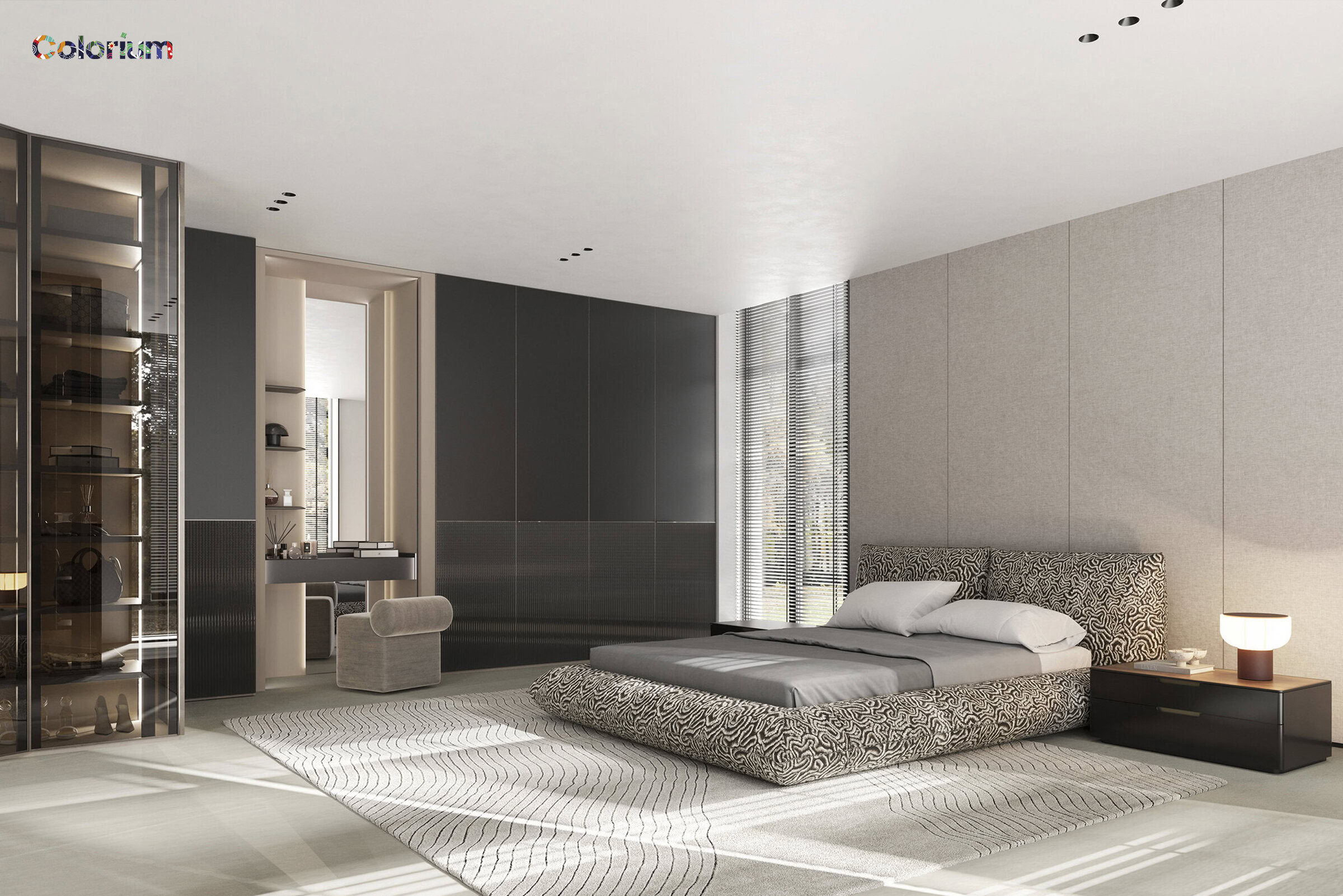 Sleek modern bedroom featuring a patterned upholstered bed, minimalist nightstand with a stylish lamp, large windows with blinds, and contemporary decor highlighting luxury furniture design.