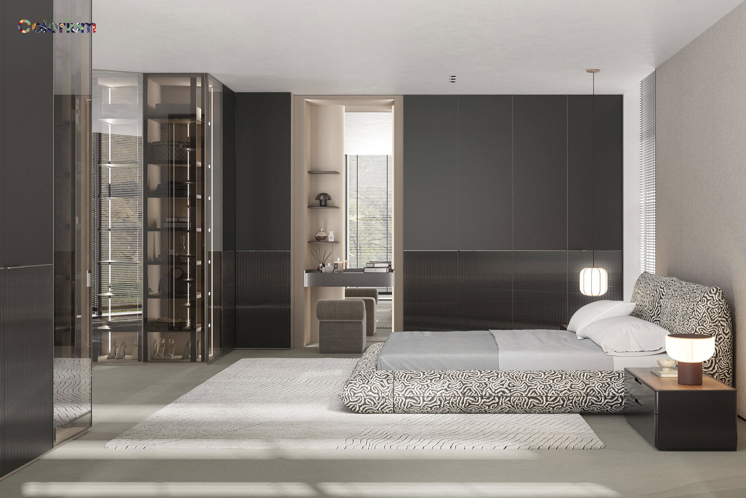 Luxurious modern bedroom with stylish bed, elegant nightstands, and sleek wardrobe, showcasing high-quality furniture design. Perfect for contemporary home decor and comfort.