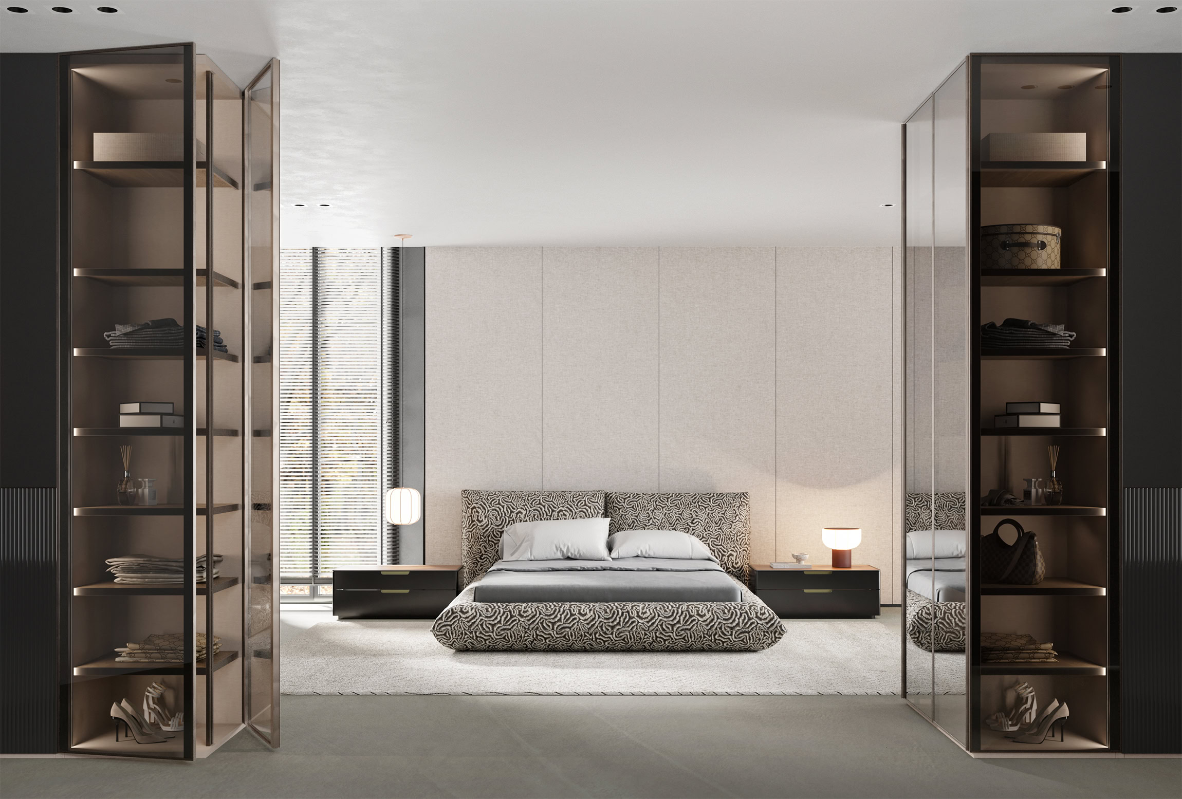 Stylish bedroom featuring a contemporary bed with a patterned headboard, flanked by sleek black nightstands with lamps, and open shelving units on both sides showcasing decorative items and accessorie.