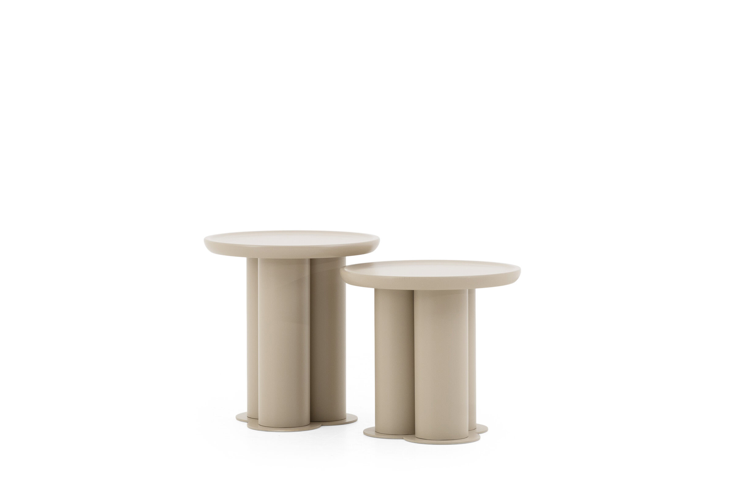 Sleek beige contemporary side tables set with cylindrical bases and round tops, ideal for modern living spaces, offices, or minimalist interiors, showcasing stylish and functional furniture design.