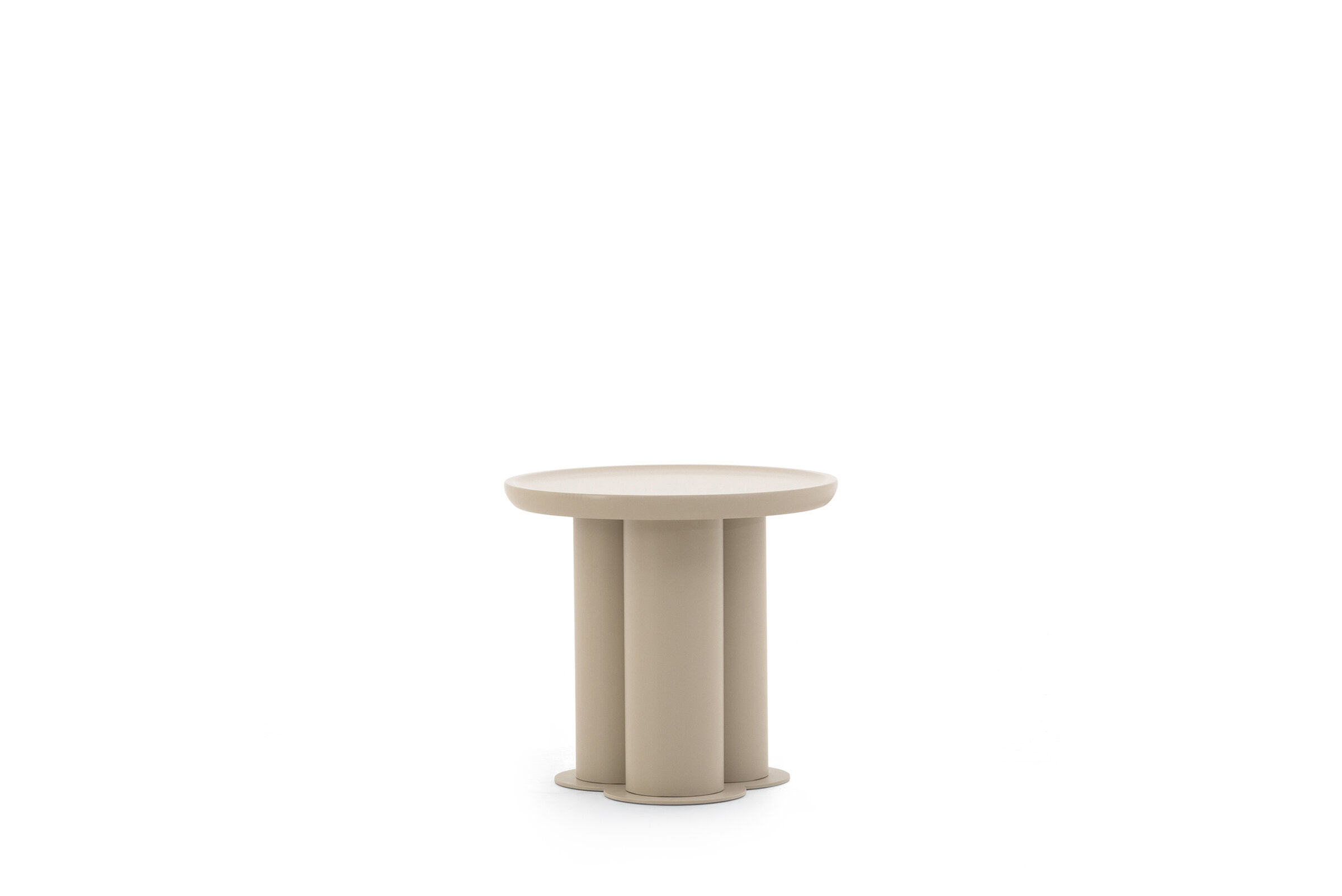 Round beige modern side table with cylindrical base, versatile contemporary furniture piece for living room or bedroom decor.