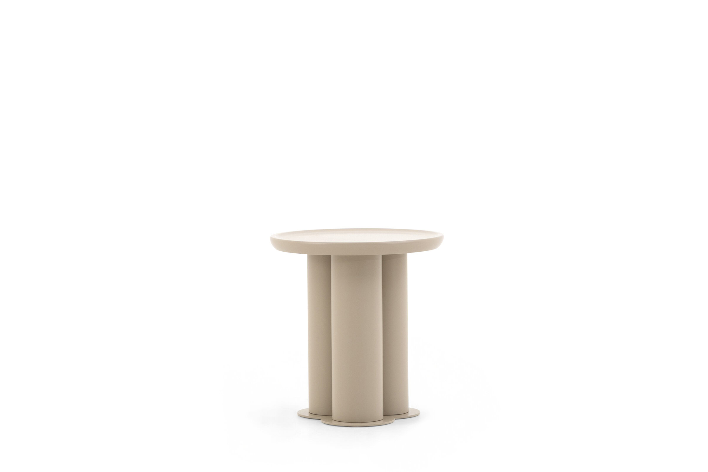 Sleek modern beige round side table with cylindrical base for stylish home decor and functional accent furniture.