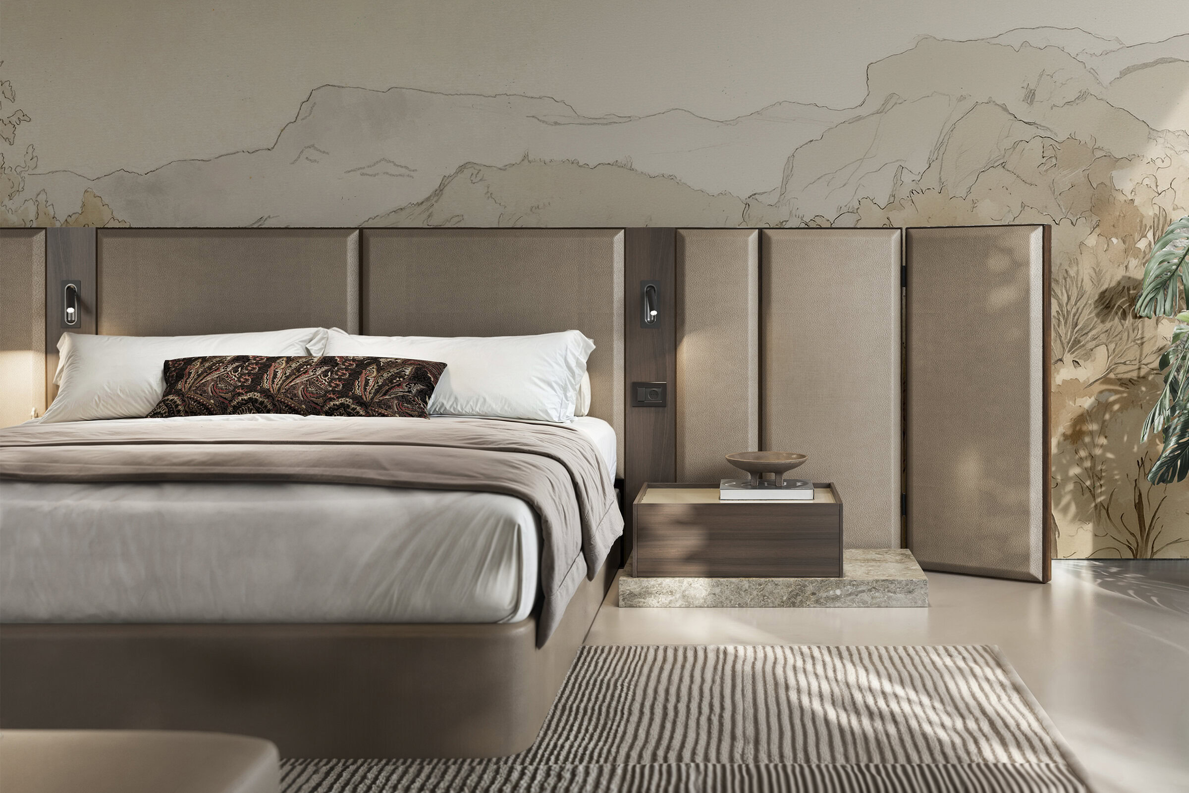 Stylish modern bedroom featuring a sleek bed with an elegant headboard, bedside table, and contemporary decor, perfect for a luxurious and comfortable living space.